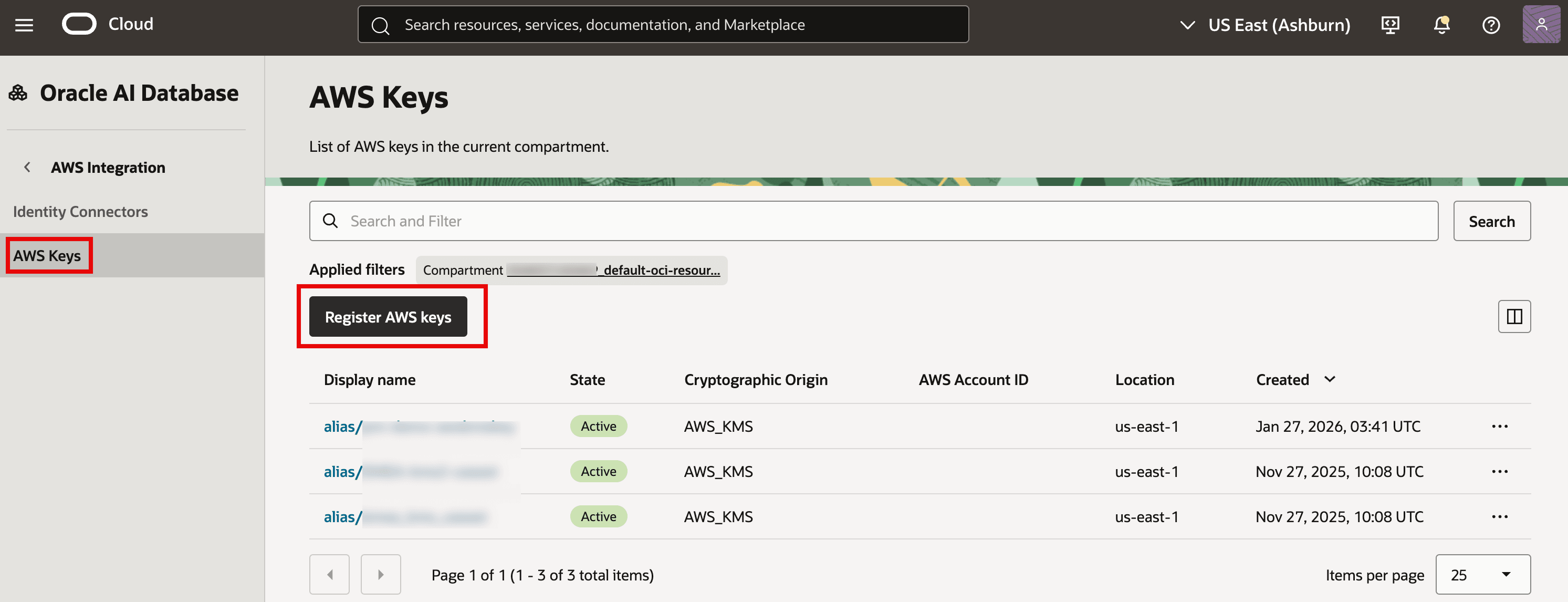 The image shows the OCI console under Oracle AI Database → AWS Integration → AWS Keys, listing AWS KMS keys that have been registered in the selected compartment. A Register AWS keys button (highlighted) is available to discover and add more AWS keys for use with Oracle Database multicloud features. The table displays each key’s alias/display name, state (e.g., Active), cryptographic origin (AWS_KMS), AWS account, region (e.g., us-east-1), and creation time. This page is essentially the inventory of AWS keys that OCI can reference for encryption/key management.