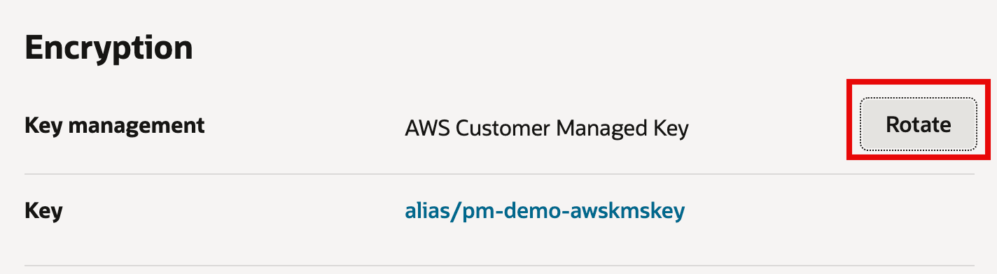 The image shows an “Encryption” configuration screen where key management is set to an AWS Customer Managed Key. It lists the specific KMS key alias being used: alias/pm-demo-awskmskey. The Rotate button on the right (highlighted in red) indicates you can rotate the encryption key as part of key lifecycle/security best practices.