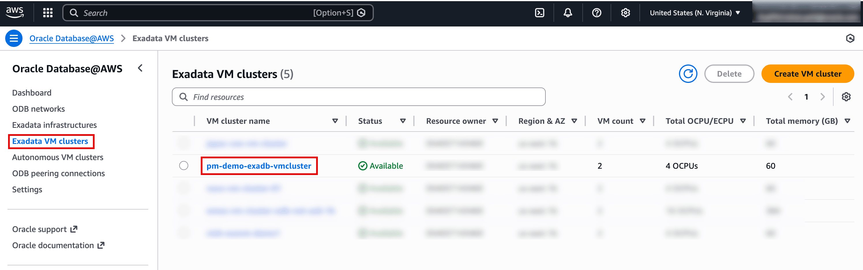 The image shows the AWS console for Oracle Database@AWS on the Exadata VM clusters list page. In the table, the VM cluster pm-demo-exadb-vmcluster is highlighted and its status is Available, with columns showing details like VM count, total OCPUs, and memory. The left navigation also highlights Exadata VM clusters, indicating you’re in the cluster management section. From here you can select a cluster to view/manage it or click Create VM cluster to provision a new one.