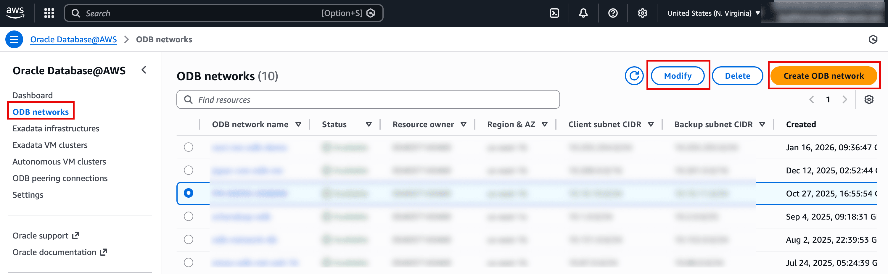 The screenshot shows the Oracle Database@AWS console on the ODB networks page, where a list of ODB networks is displayed in a table. The left navigation highlights ODB networks, indicating you’re managing network resources for Oracle Database@AWS. At the top right, the Modify button is highlighted for editing the selected network, and Create ODB network is highlighted for provisioning a new network. The table includes details such as status, region/AZ, client and backup subnet CIDRs, and creation time for each network.
