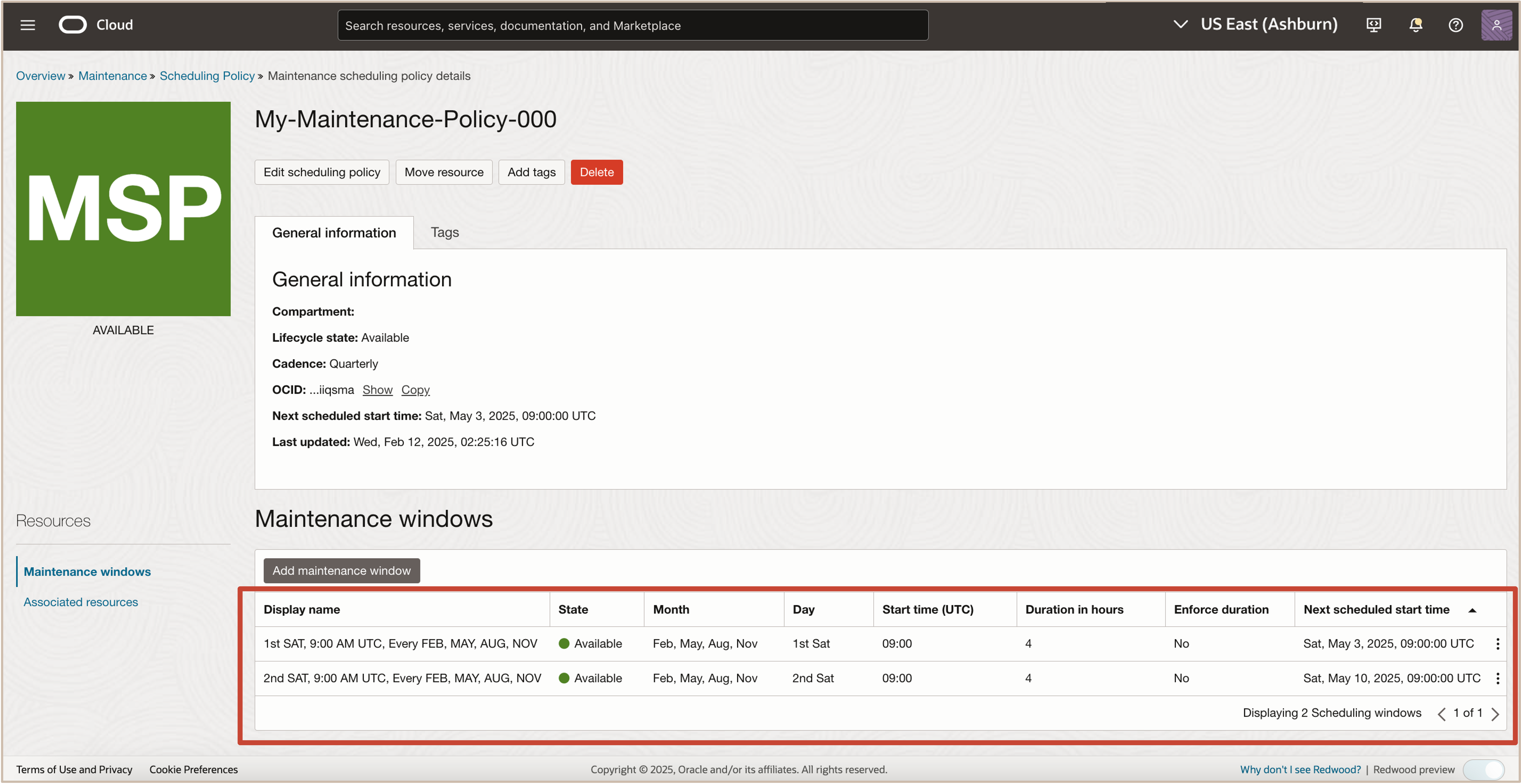 Image showing maintenance window details Image showing maintenance window details