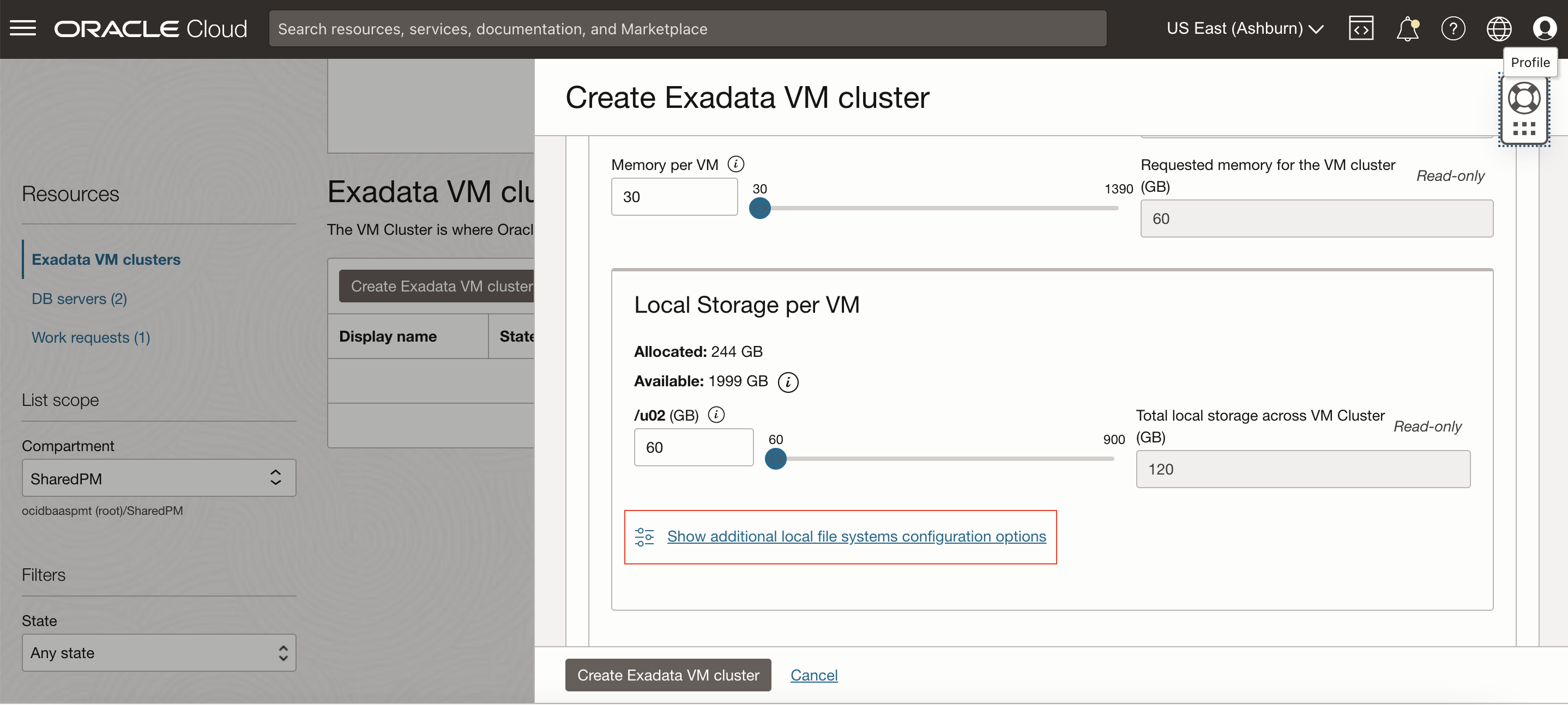 Image showing OCI Console Create Exadata VM cluster