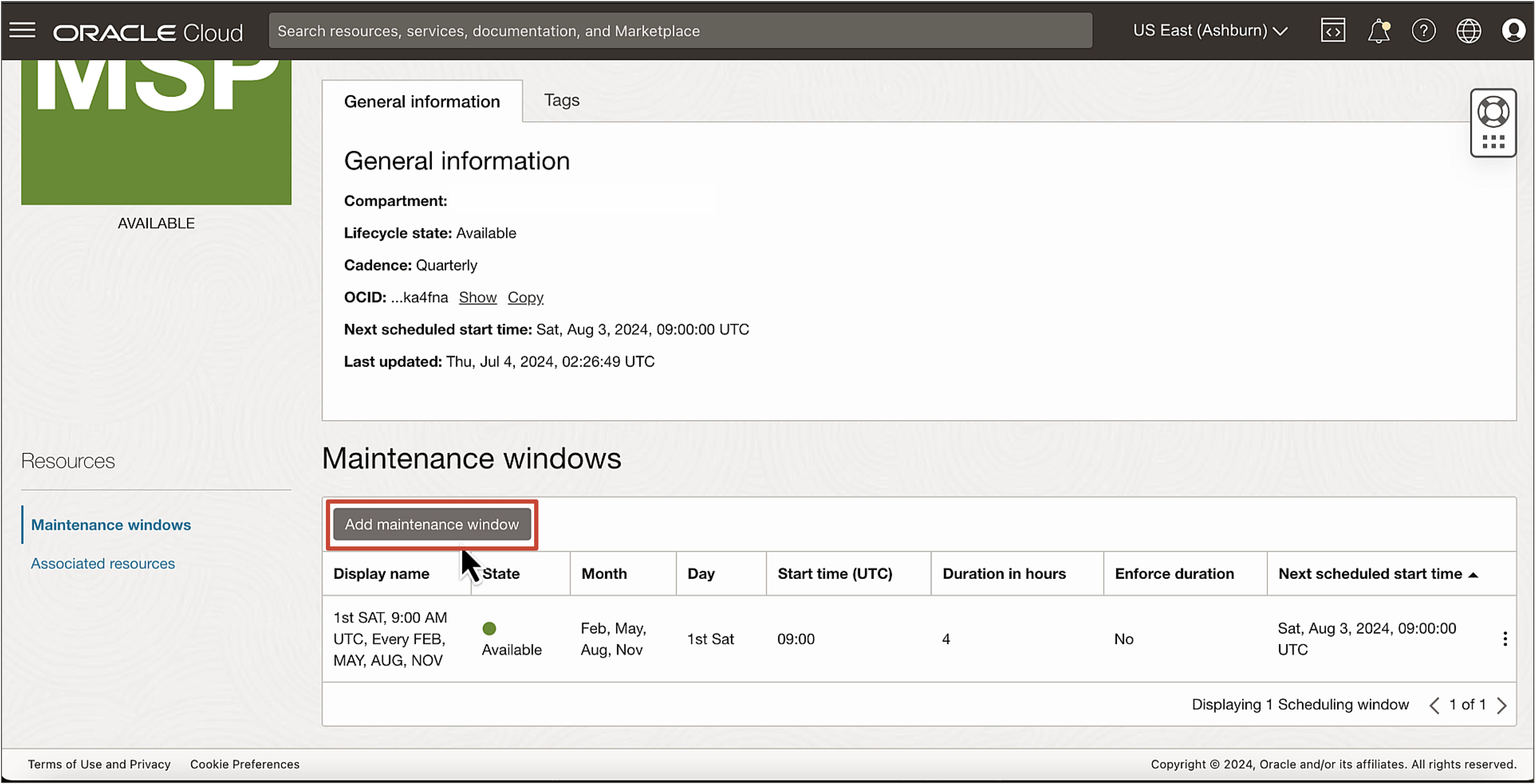 Image showing add maintenance window
