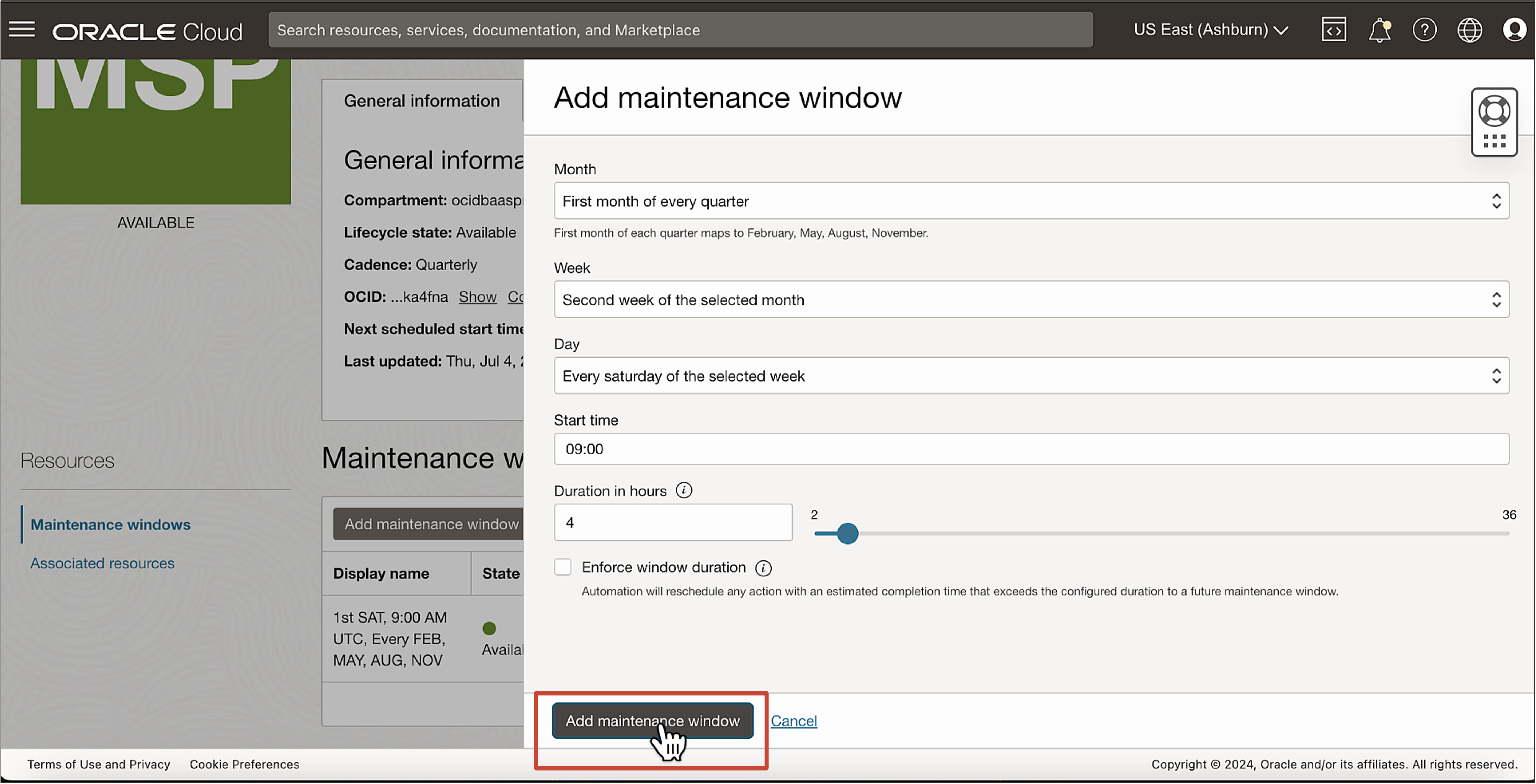 Image showing add maintenance window
