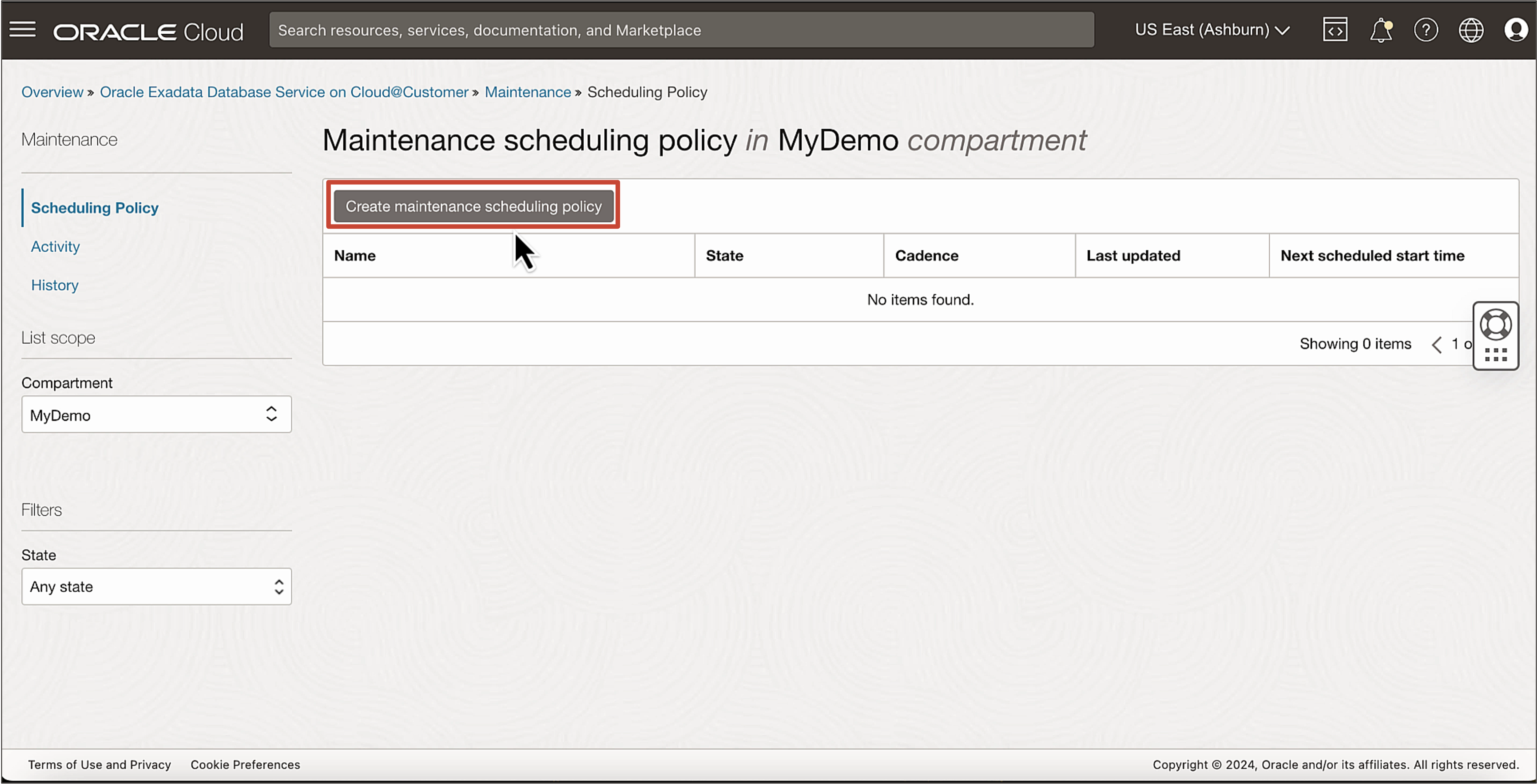 Image showing create maintenance policy