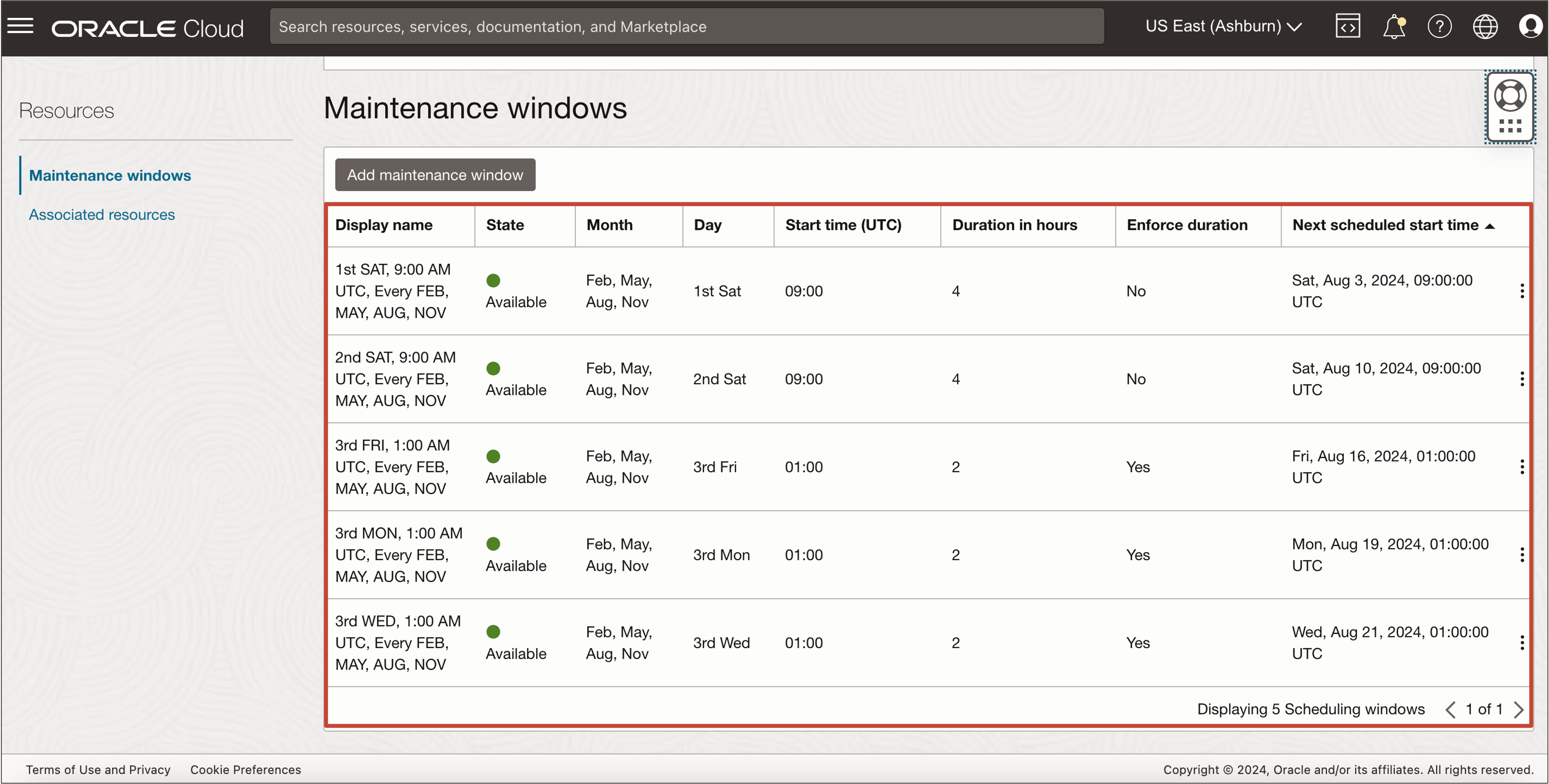 Image showing maintenance window details