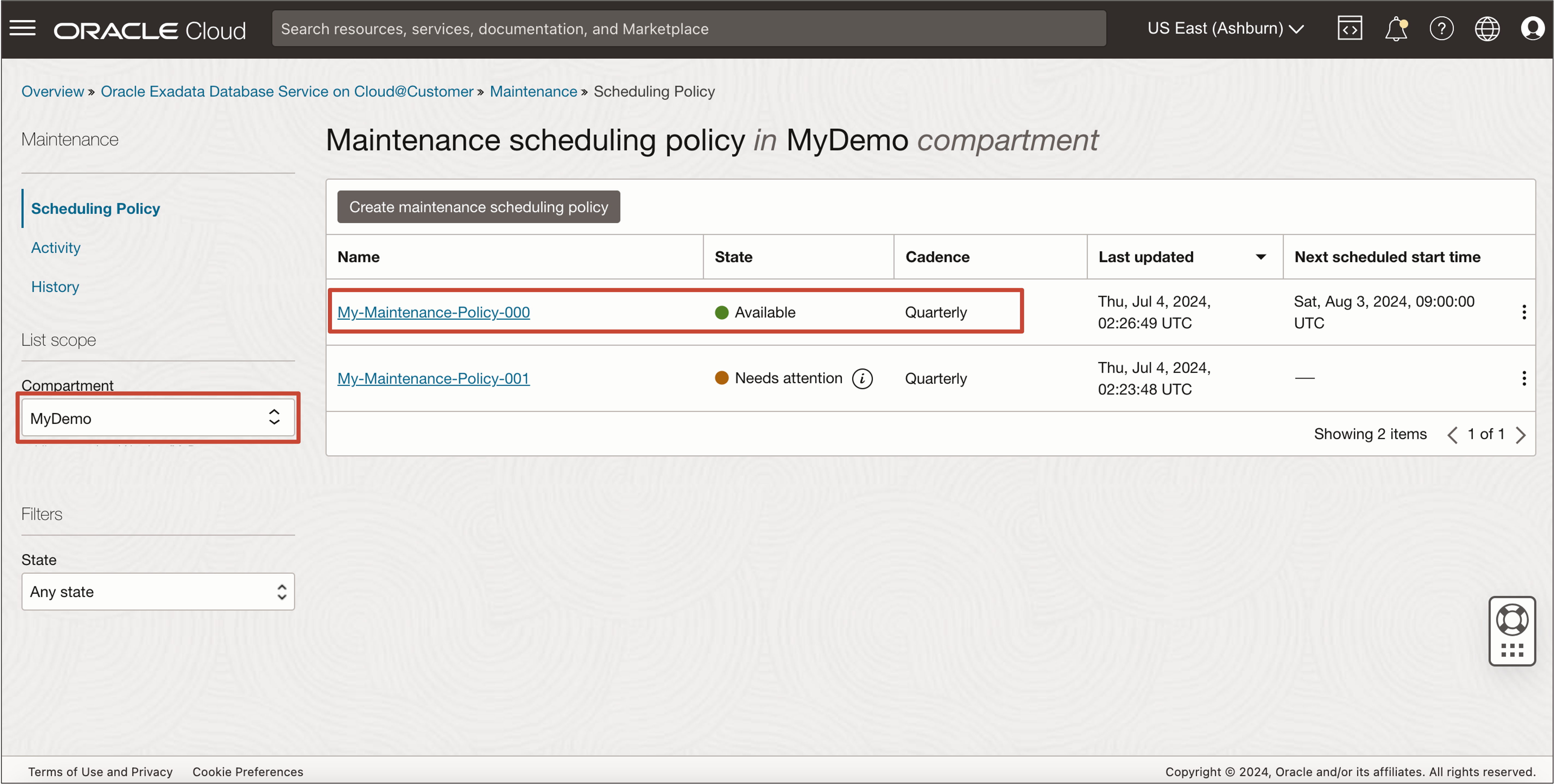Image showing maintenance scheduling policy list