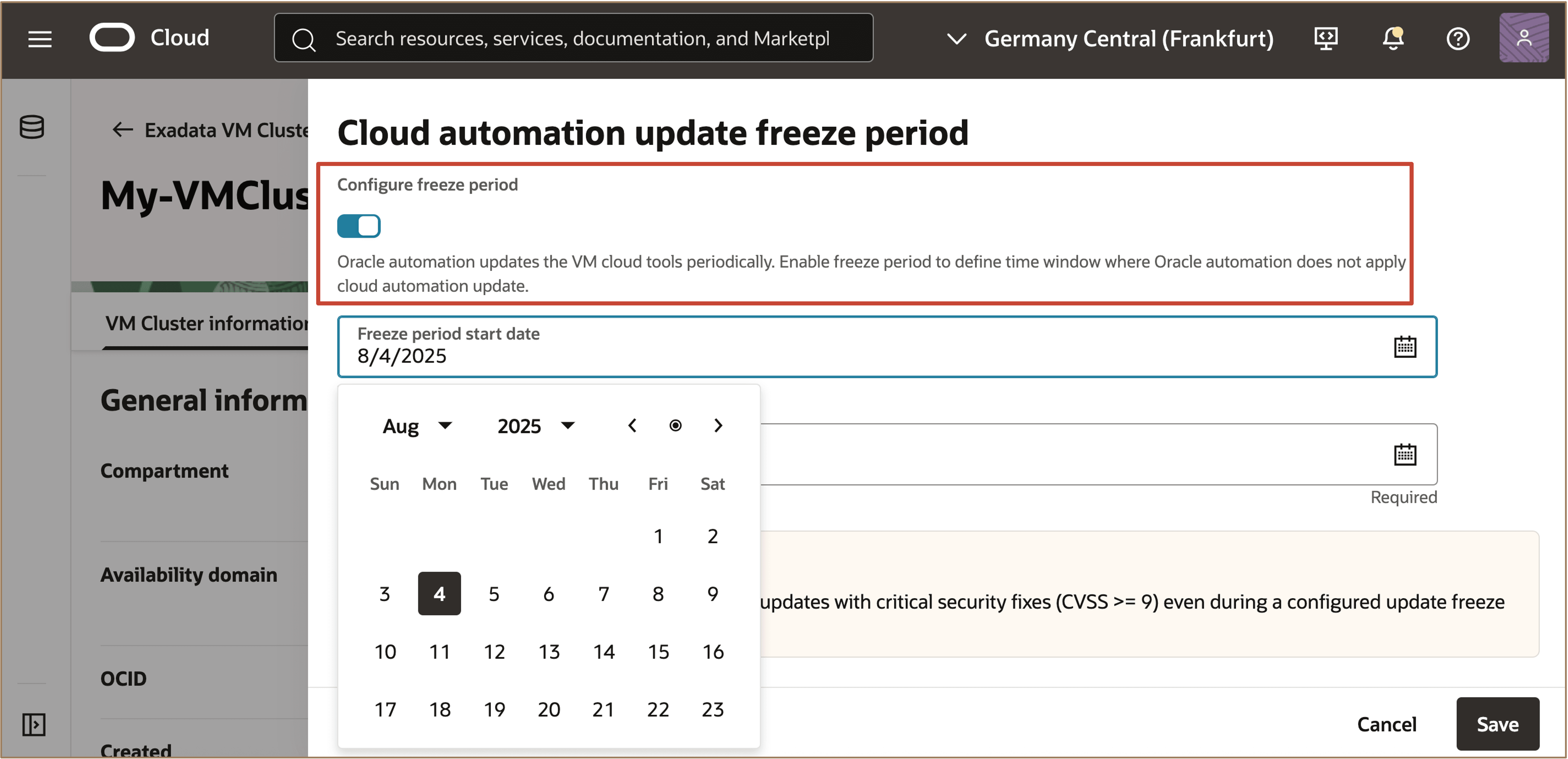 Image showing how to update freeze period