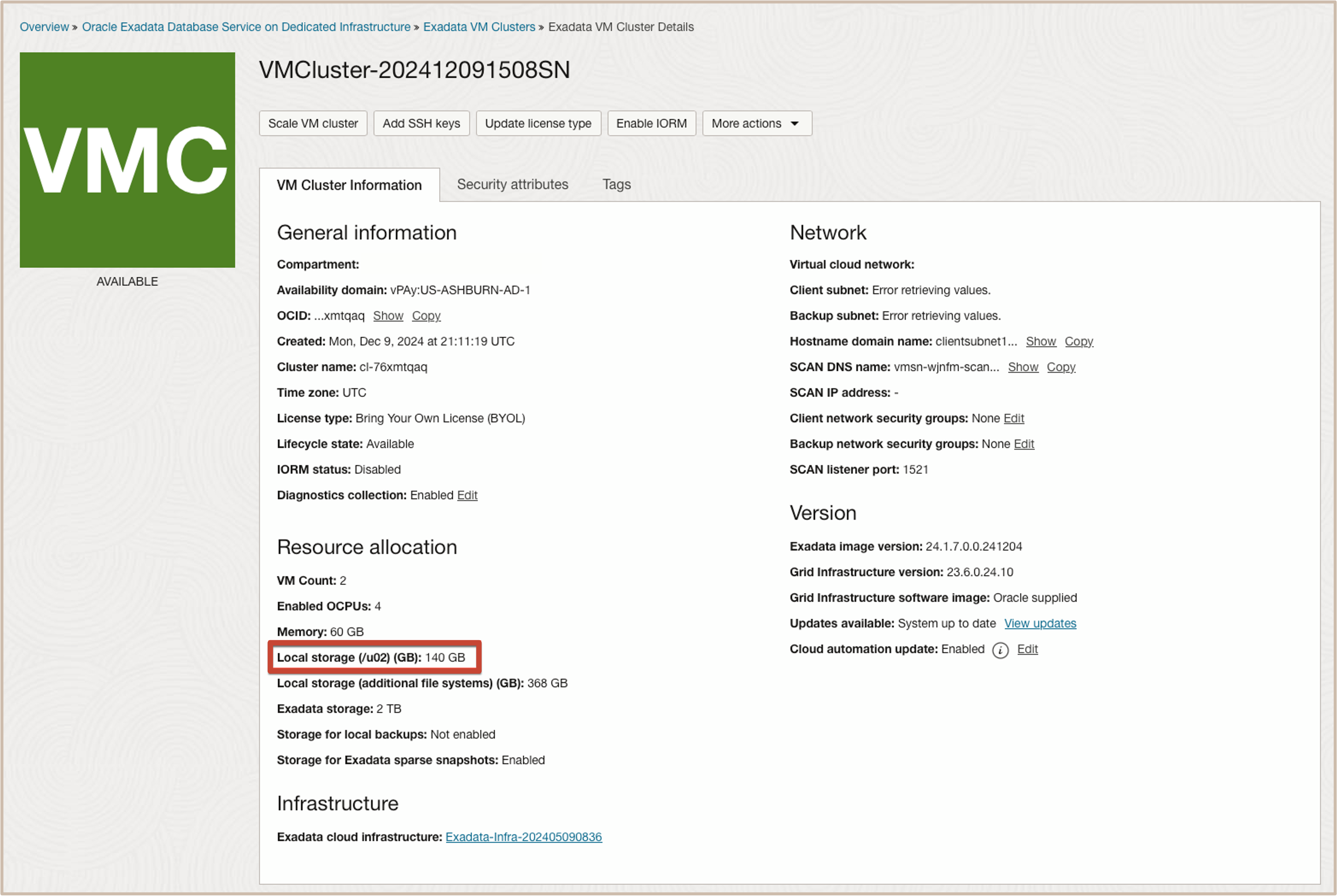 Image showing available state for vm cluster after scale local storage operation