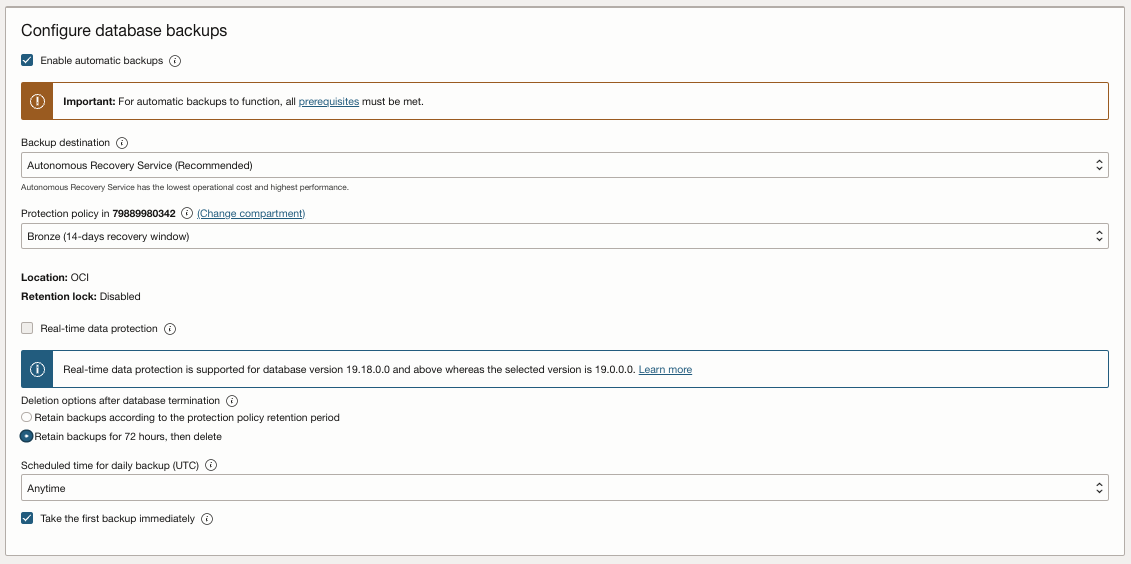 Image showing Create Oracle database configure database backups