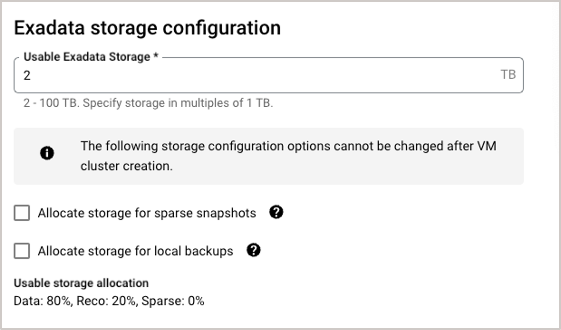 Image showing Create Exadata VM cluster Exadata storage configuration