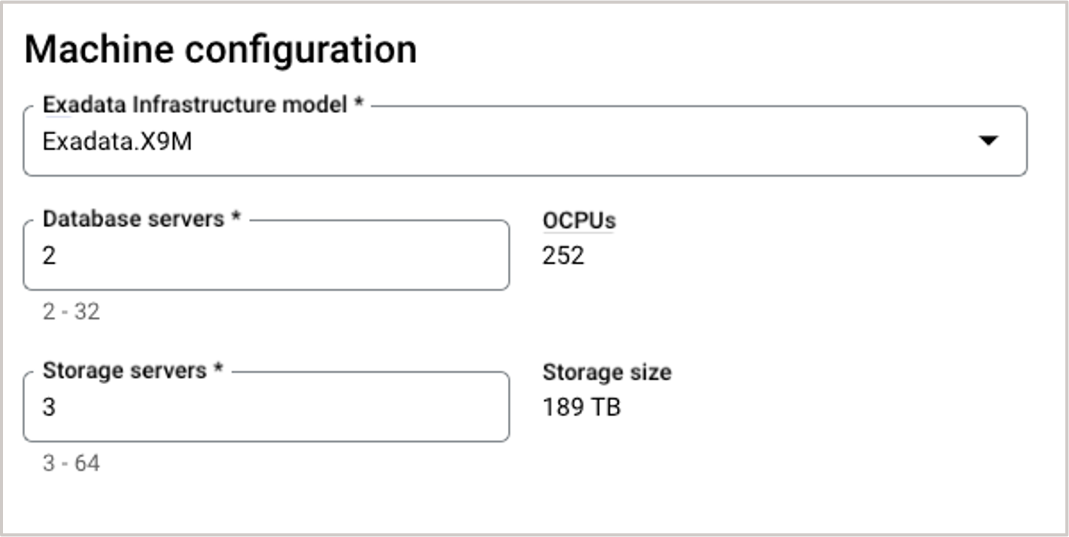 Image showing Create Exadata Infrastructure Machine configuration