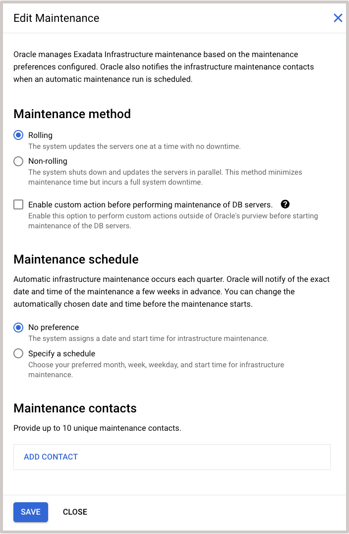 Image showing Create Exadata Infrastructure Maintenace Configuration