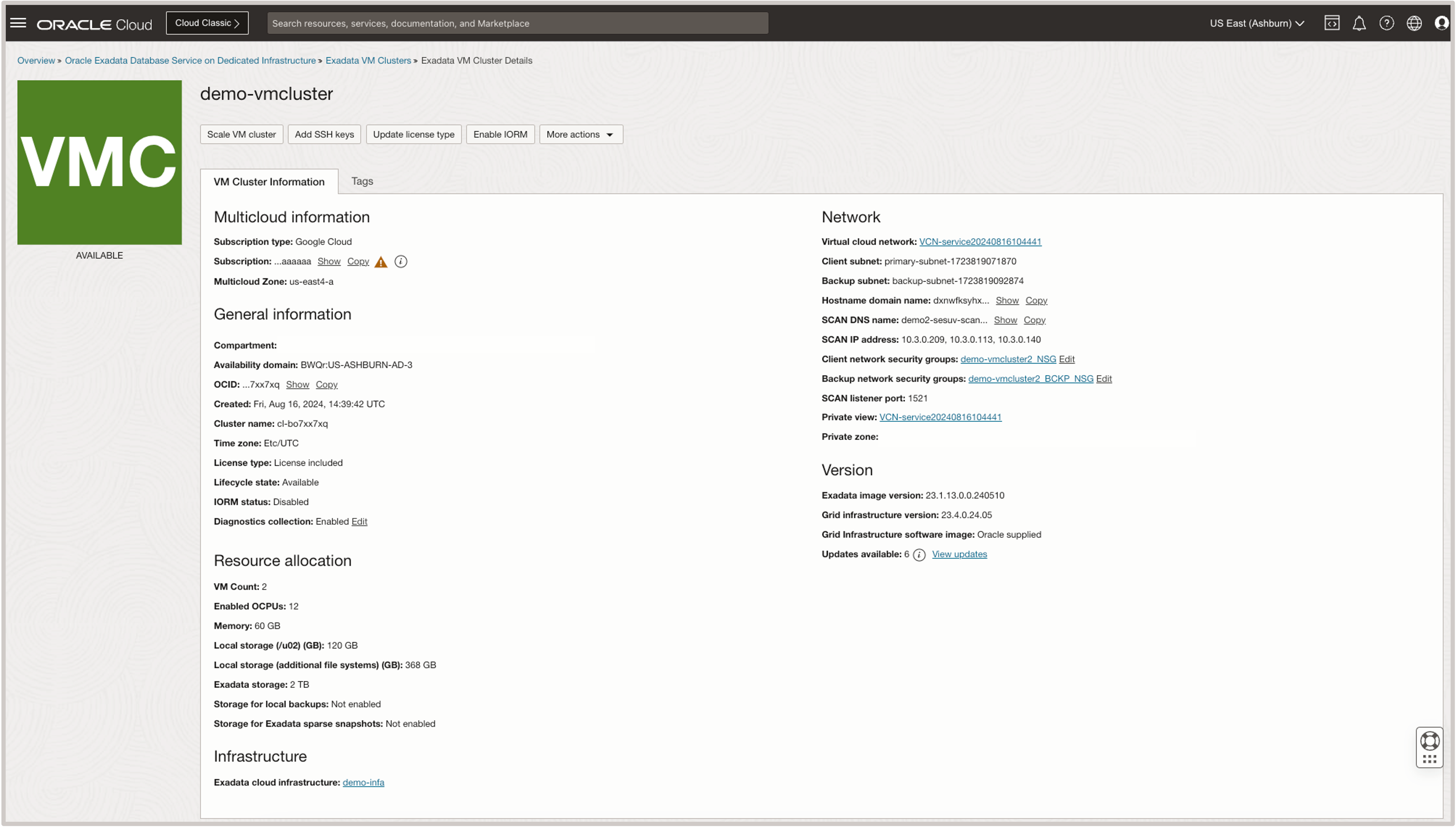 Image showing VM cluster details page