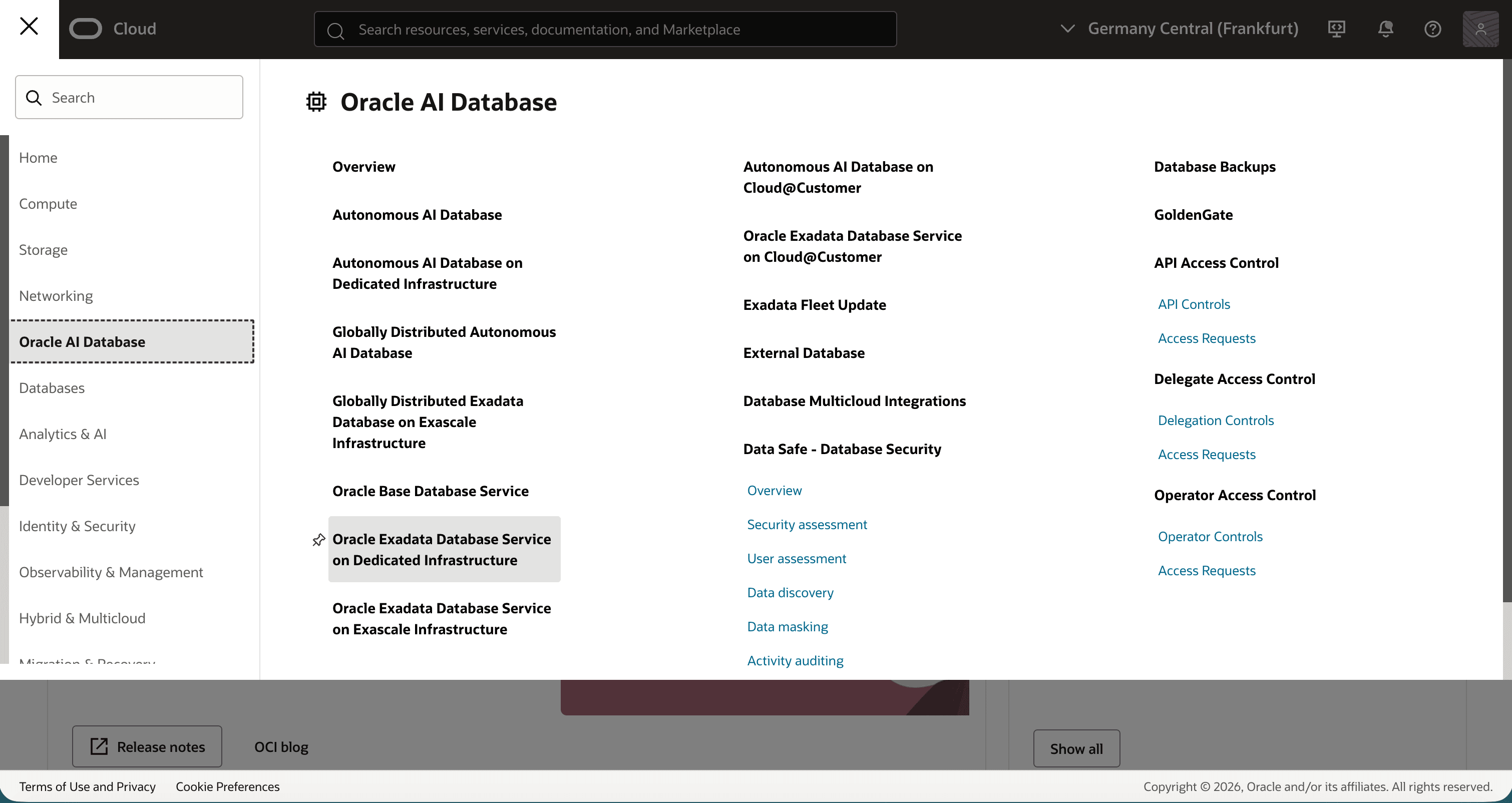 OCI Console screenshot: live update console service navigation