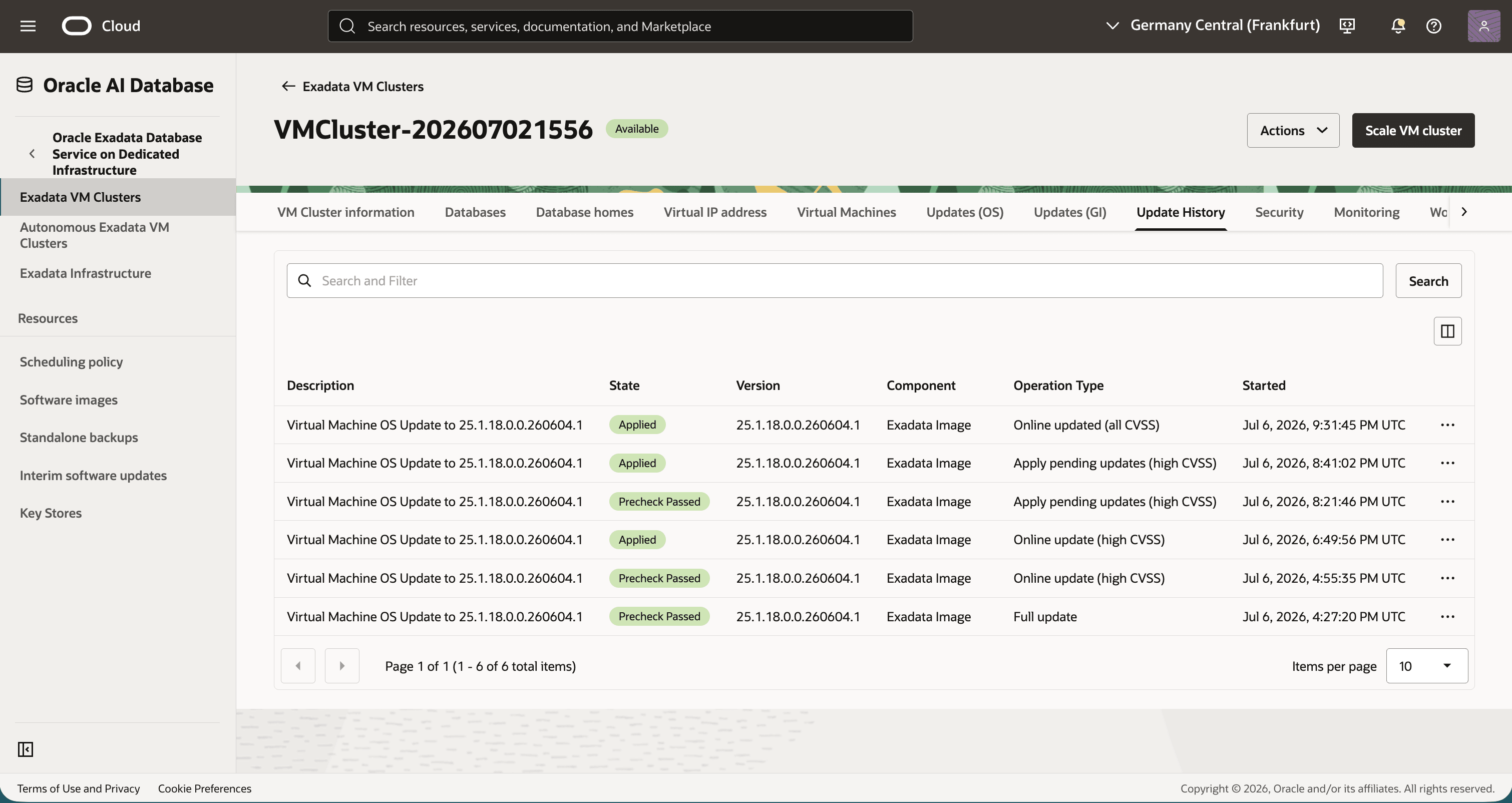 OCI Console screenshot: live update history all cvss applied
