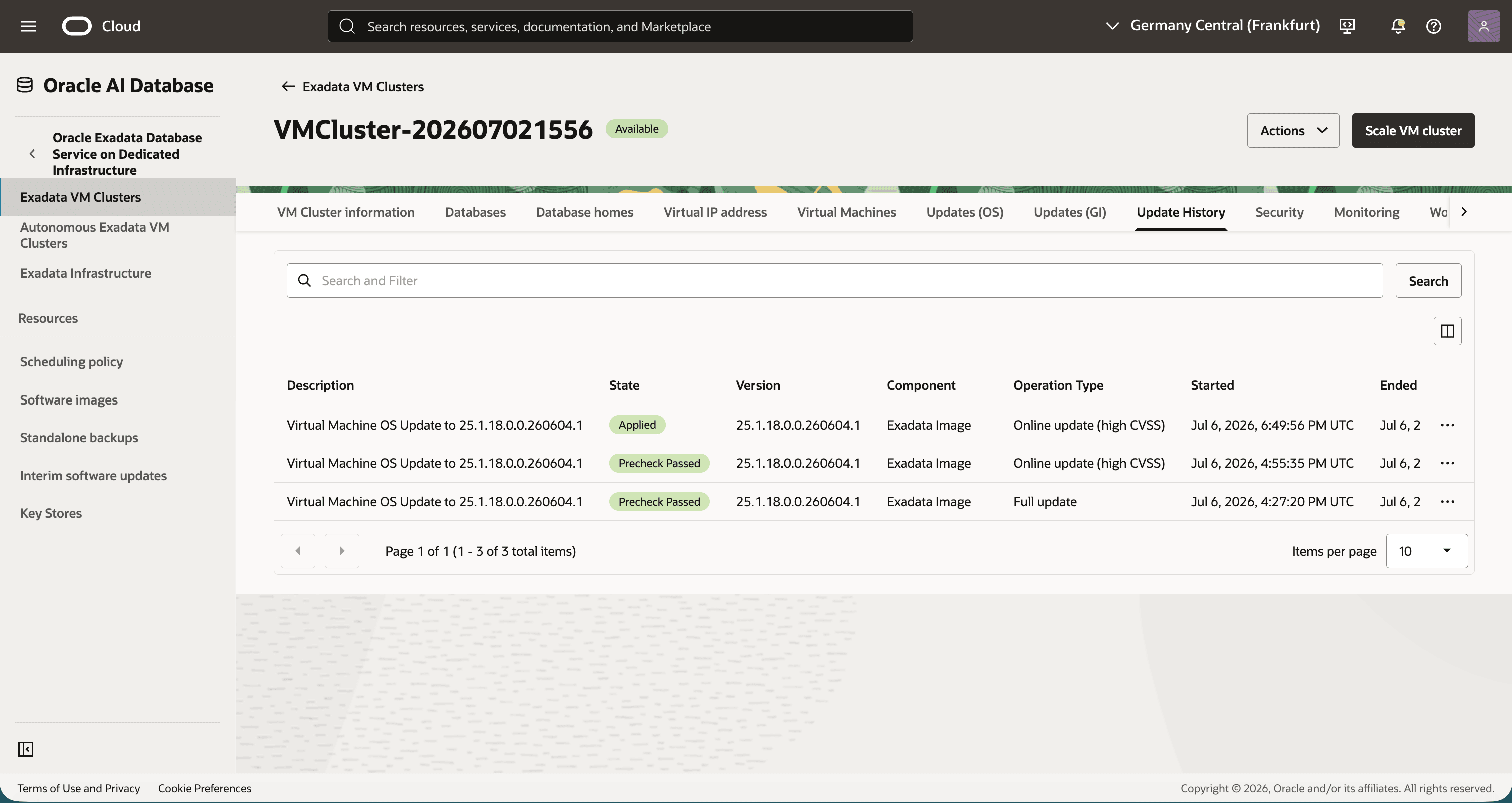 OCI Console screenshot: live update history online update result
