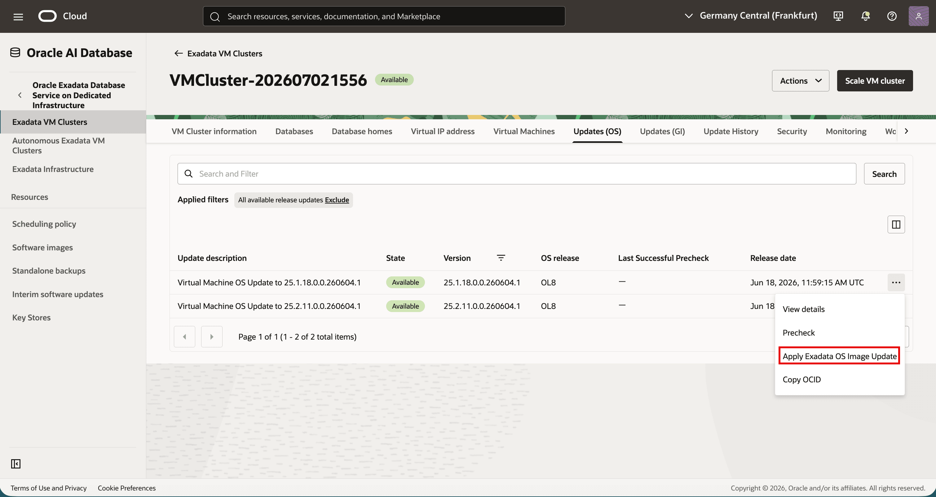 OCI Console Actions menu for an available OS image update