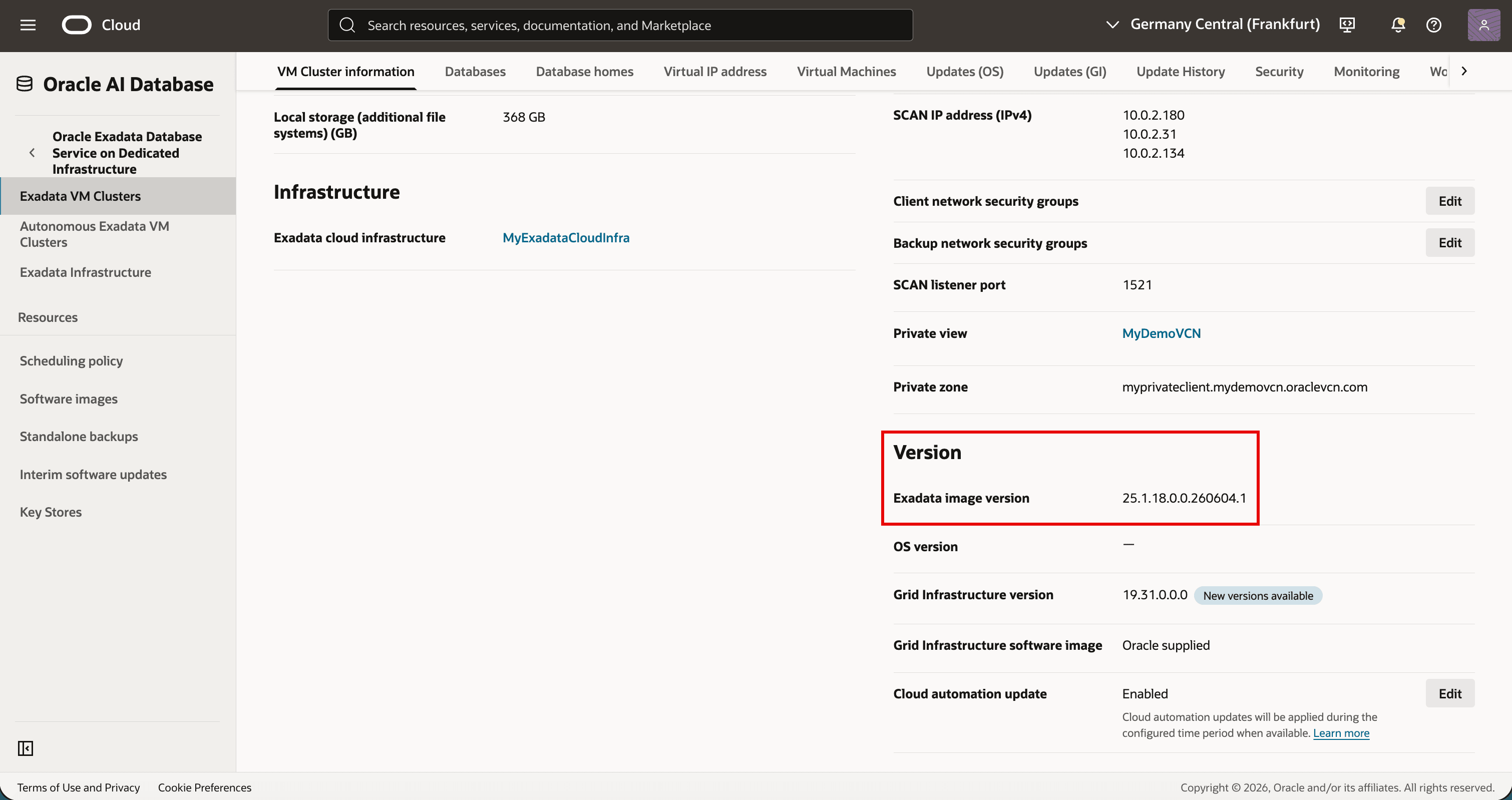 VM cluster version section after pending updates are applied