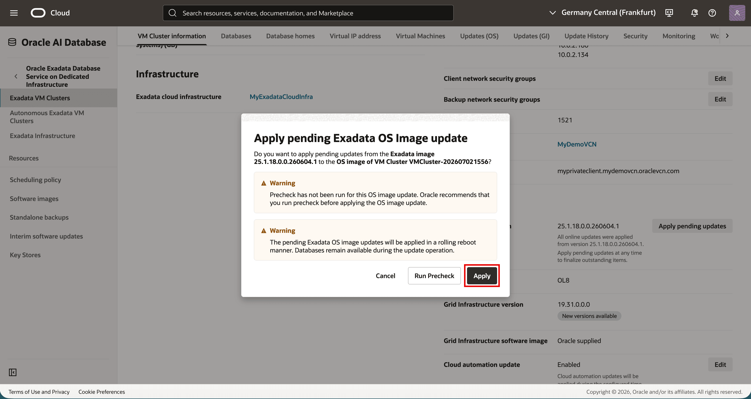 Apply button in the pending Exadata OS Image update dialog