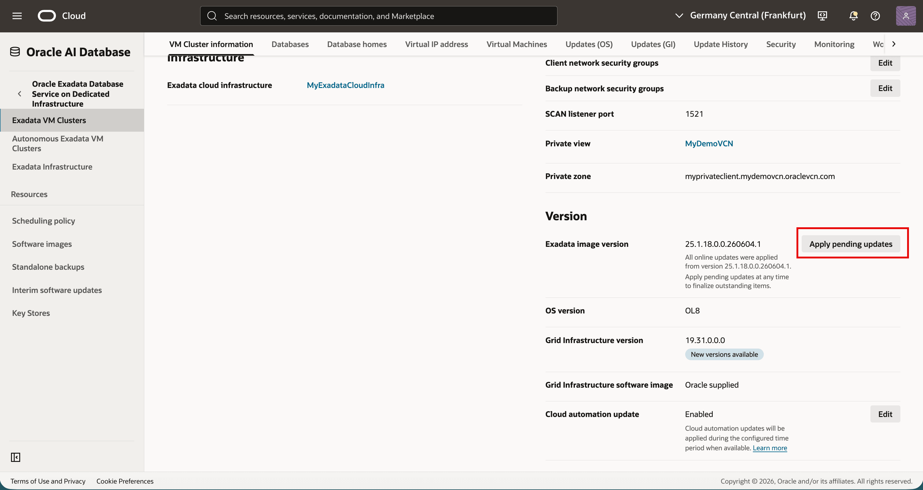 Apply pending updates button on the VM cluster version section