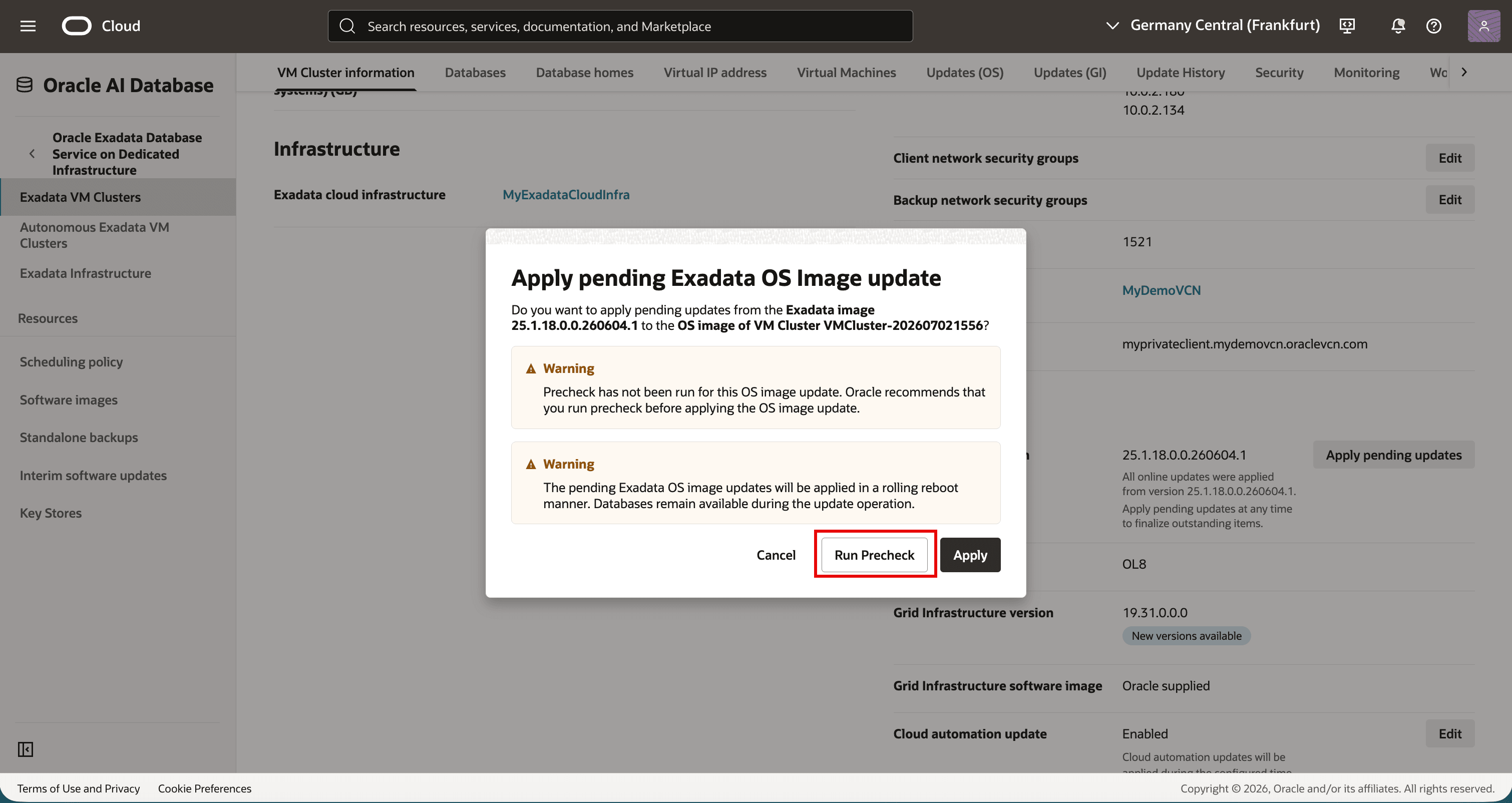 Apply pending Exadata OS Image update dialog with Run Precheck highlighted