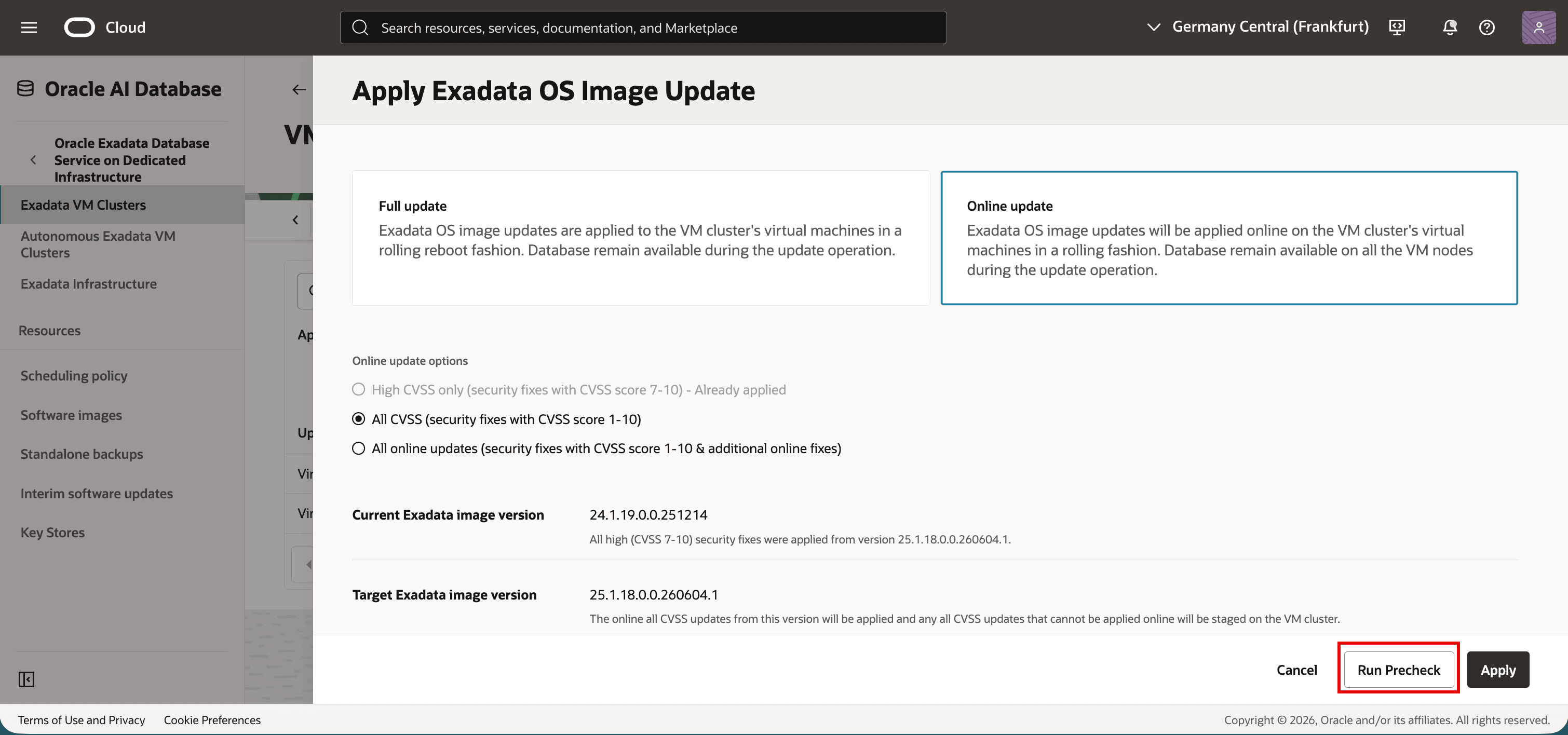 Online update dialog with All CVSS scope selected for precheck