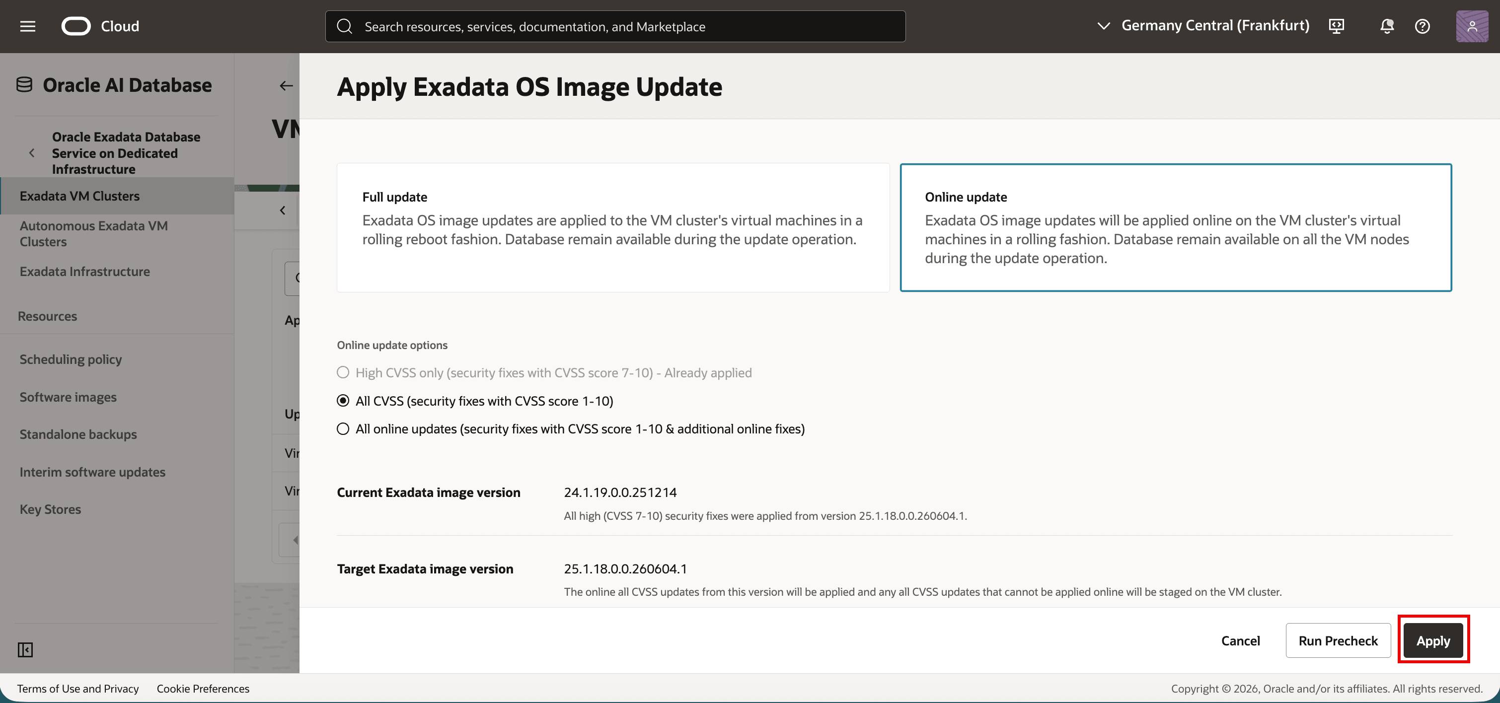 Online update dialog with All CVSS scope selected before applying the update