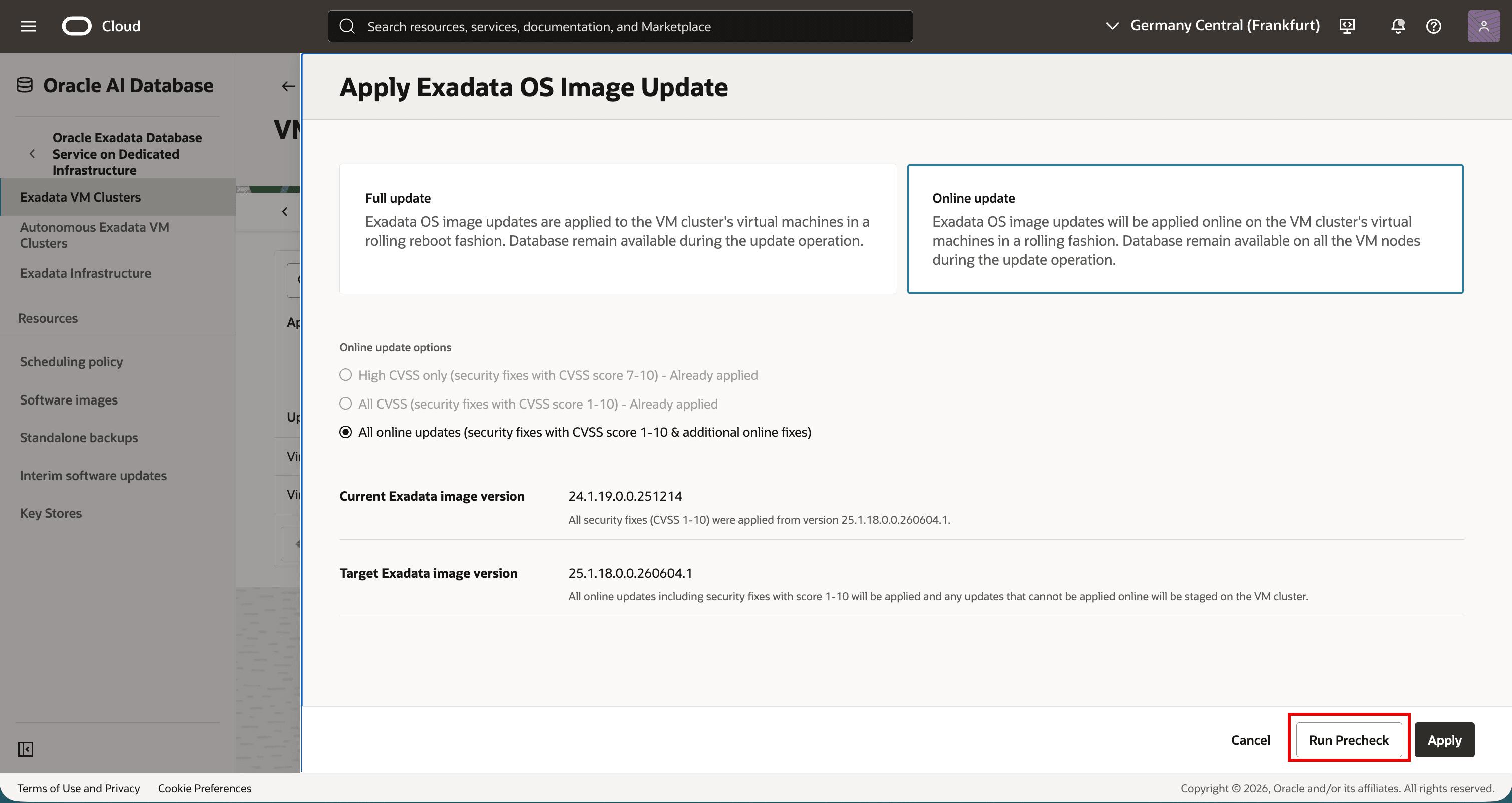 Online update dialog with All online updates scope selected for precheck