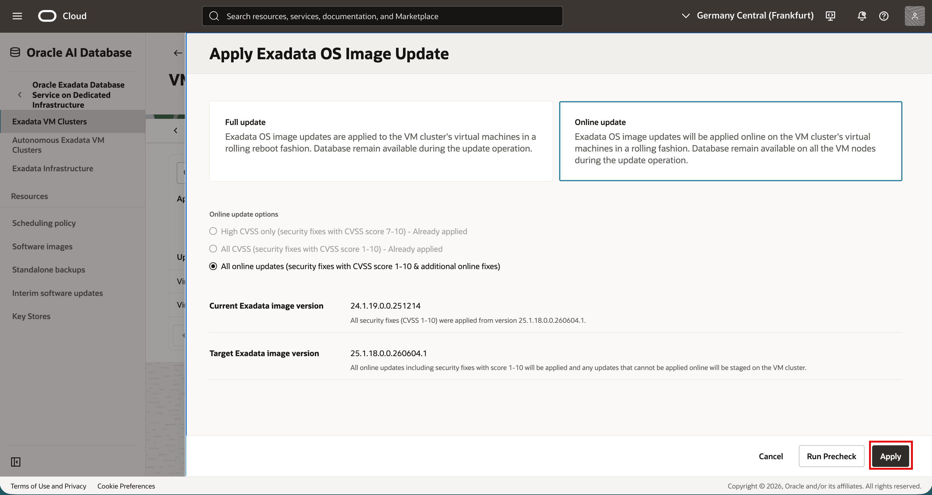 Online update dialog with All online updates scope selected before applying the update