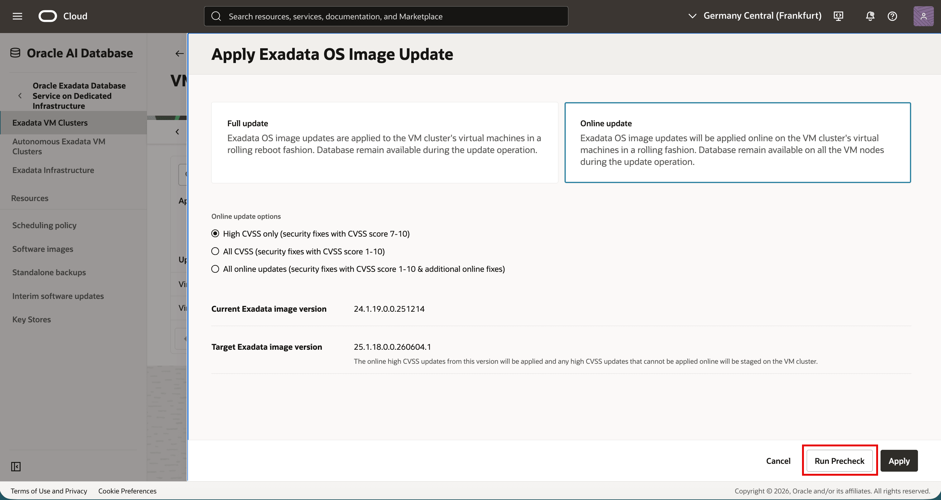 Online update dialog with High CVSS only scope selected for precheck