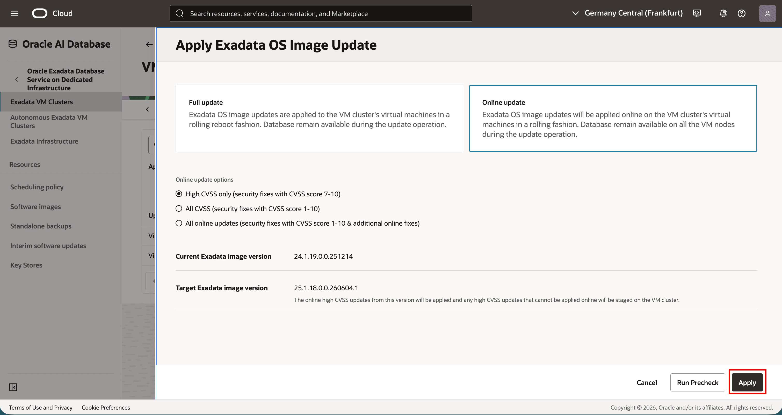 Online update dialog with High CVSS only scope selected before applying the update