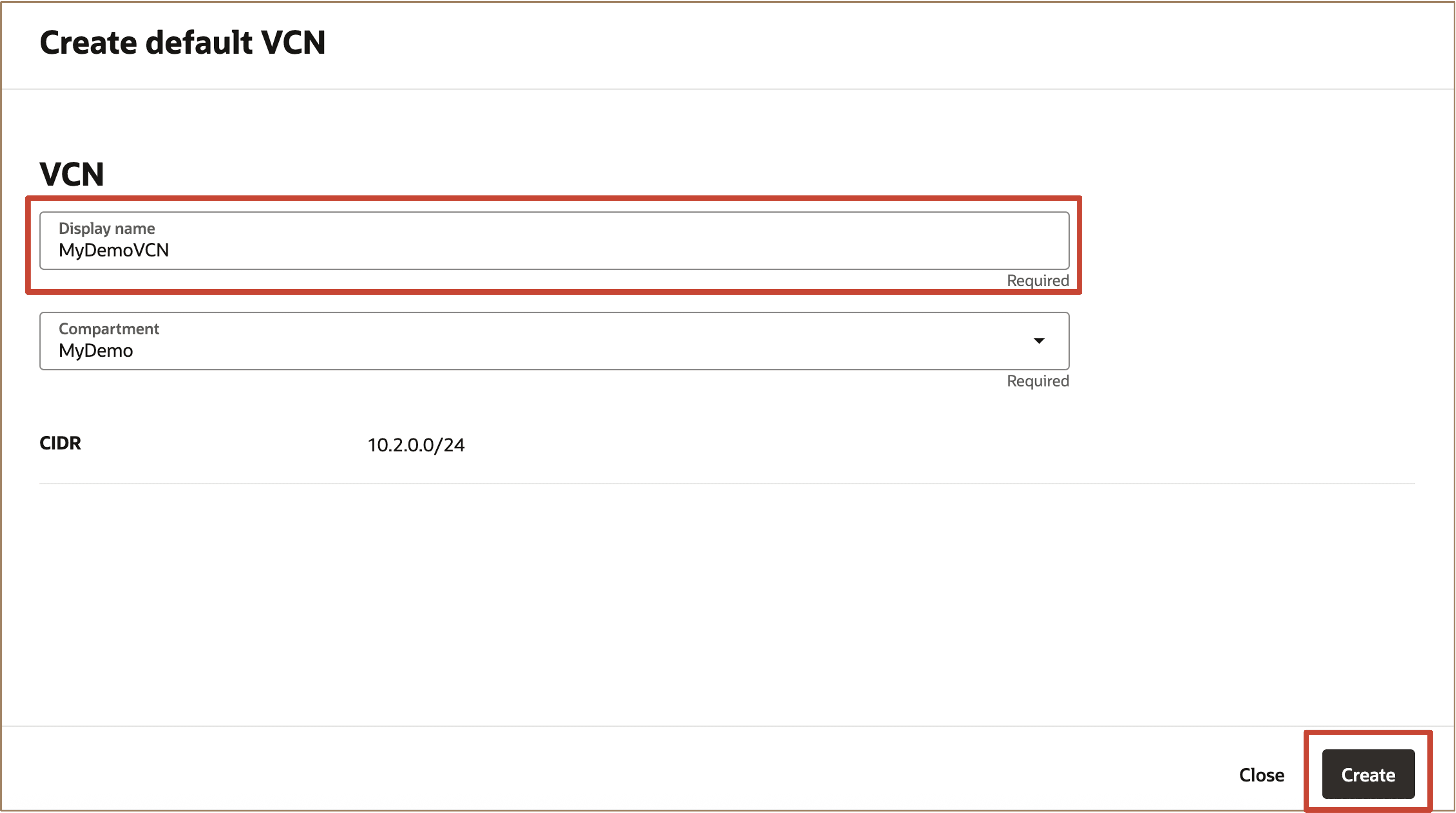 Image showing create new VCN