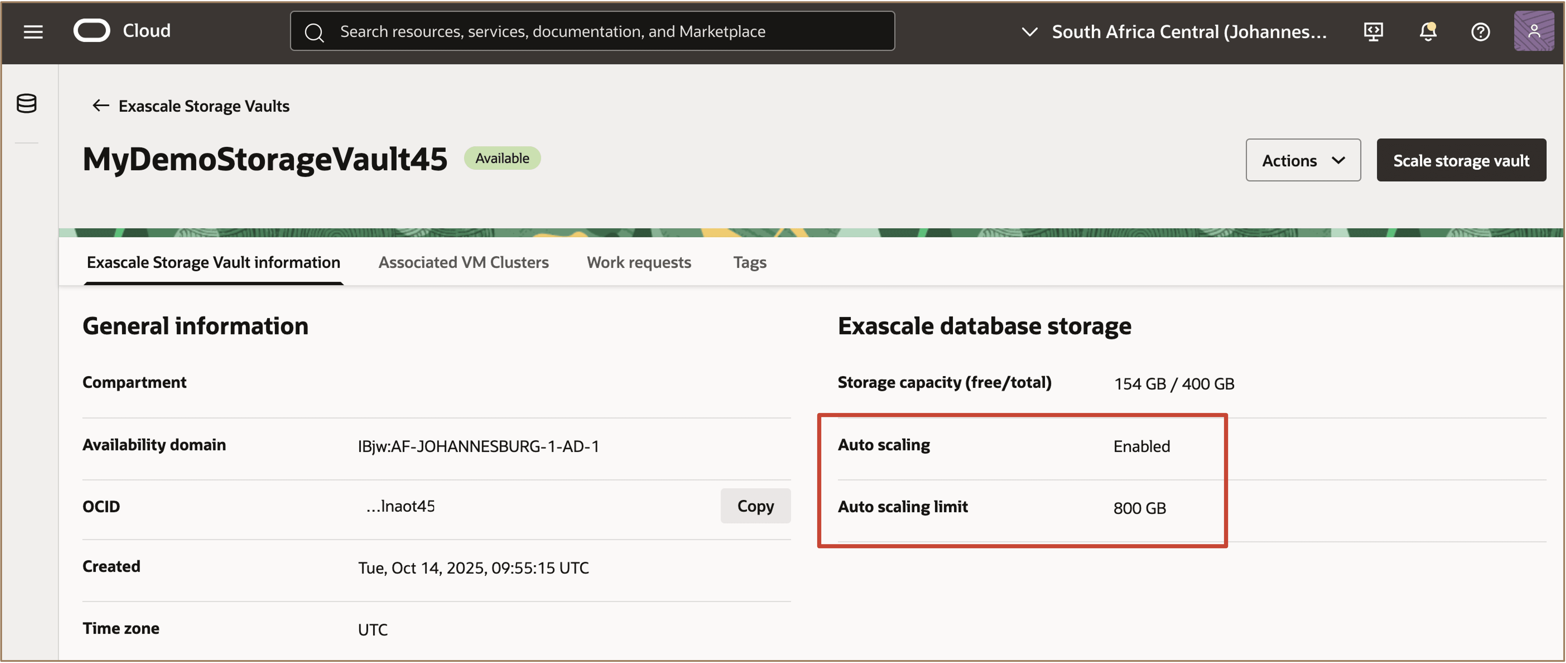 Image showing Storage auto scaling as enabled
