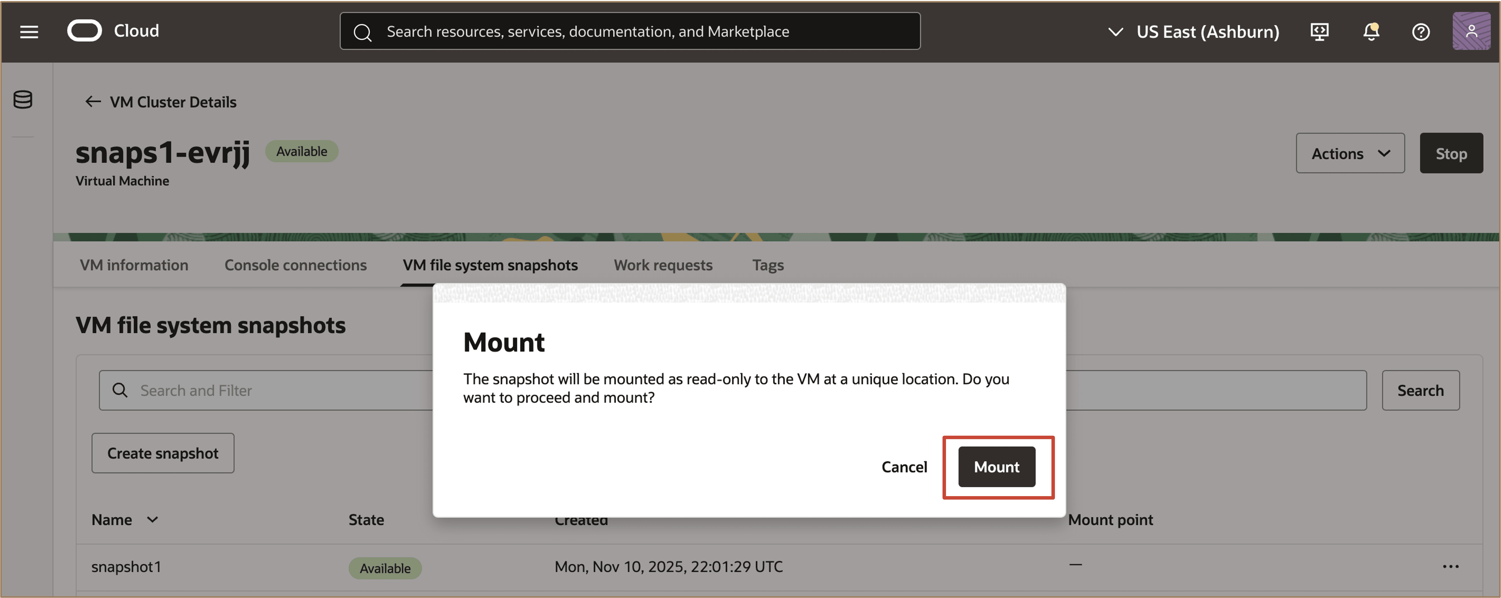 Image showing to acknowledge to mount the VM file system snapshot