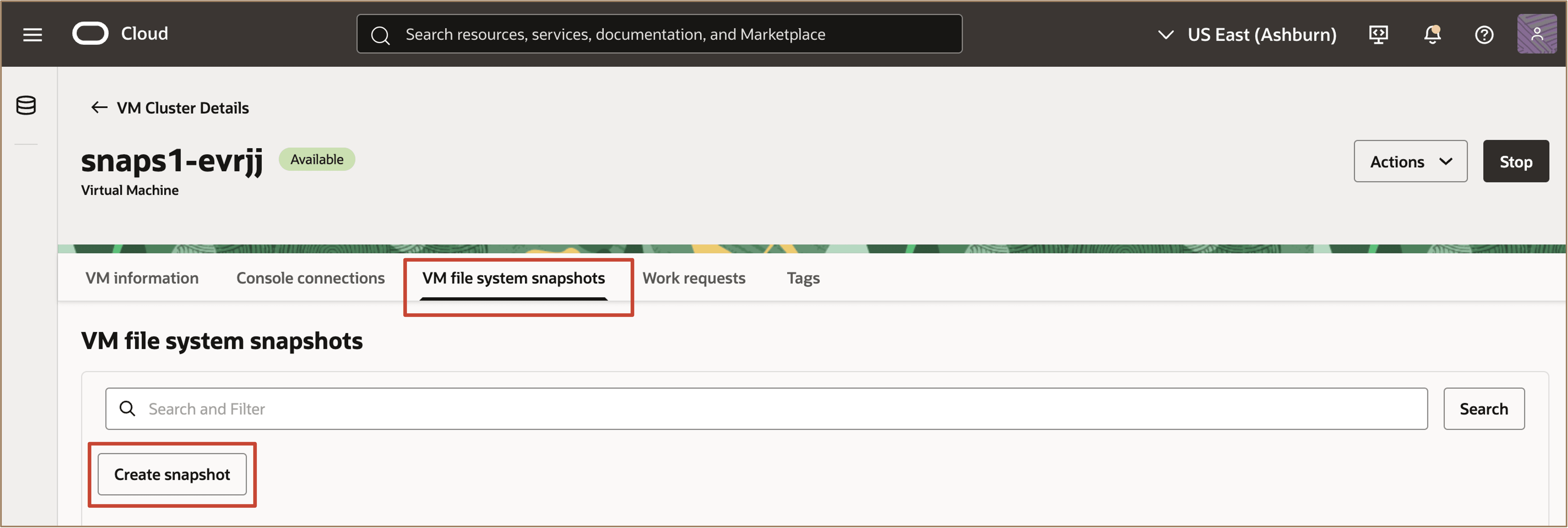 Image showing how to create VM file system snapshots