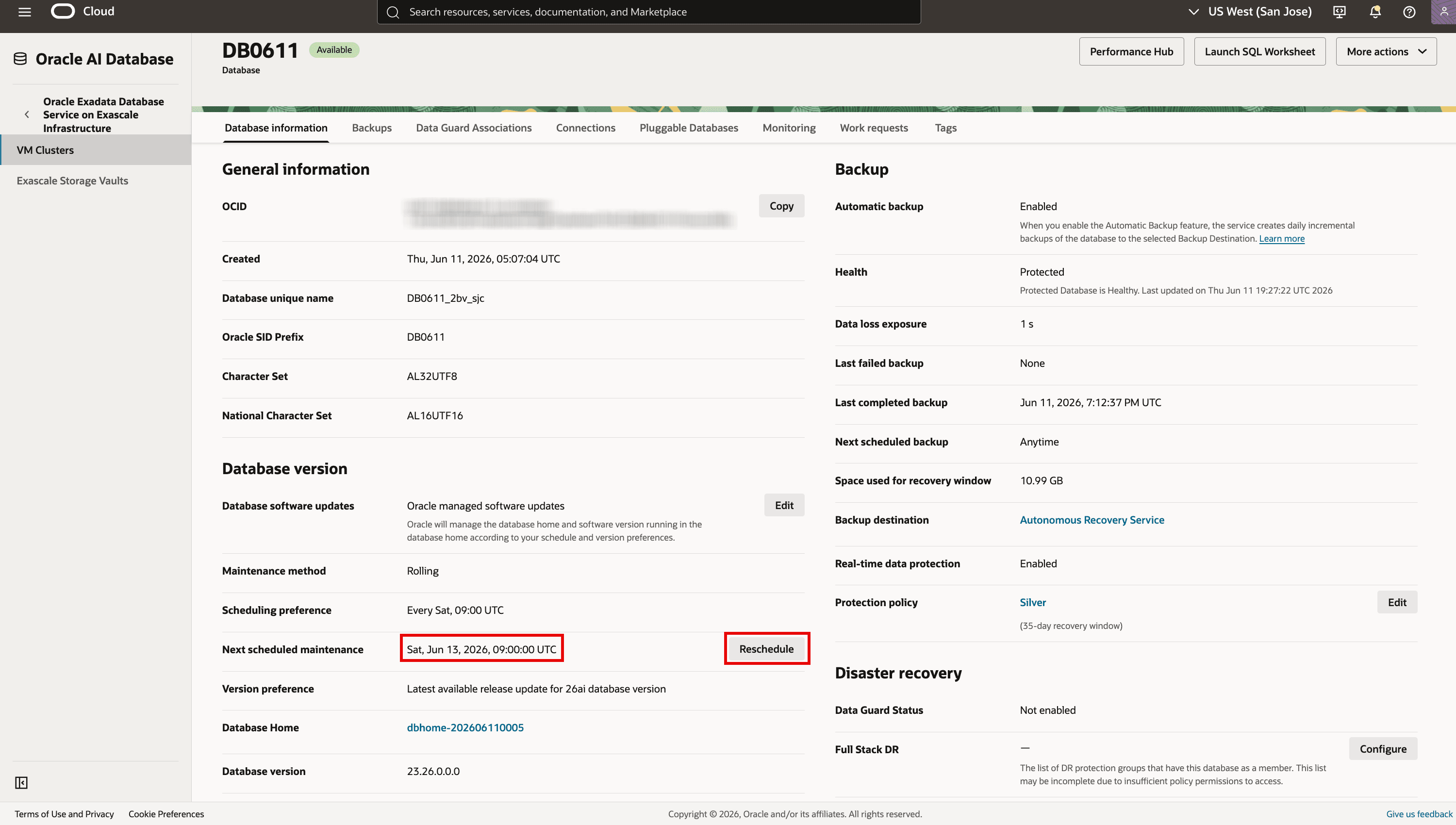 Database details Reschedule button