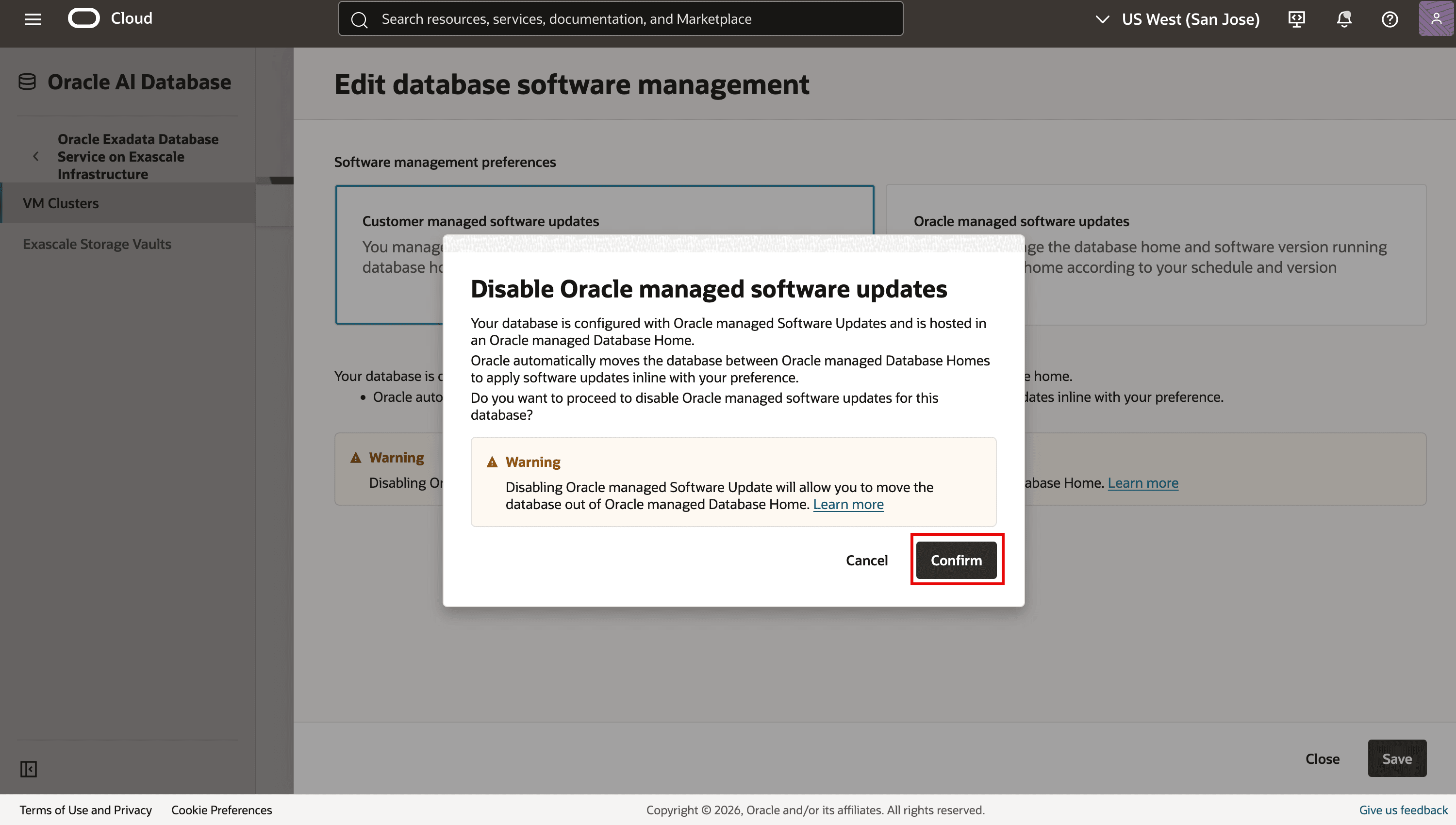 Disable Oracle managed software updates confirmation