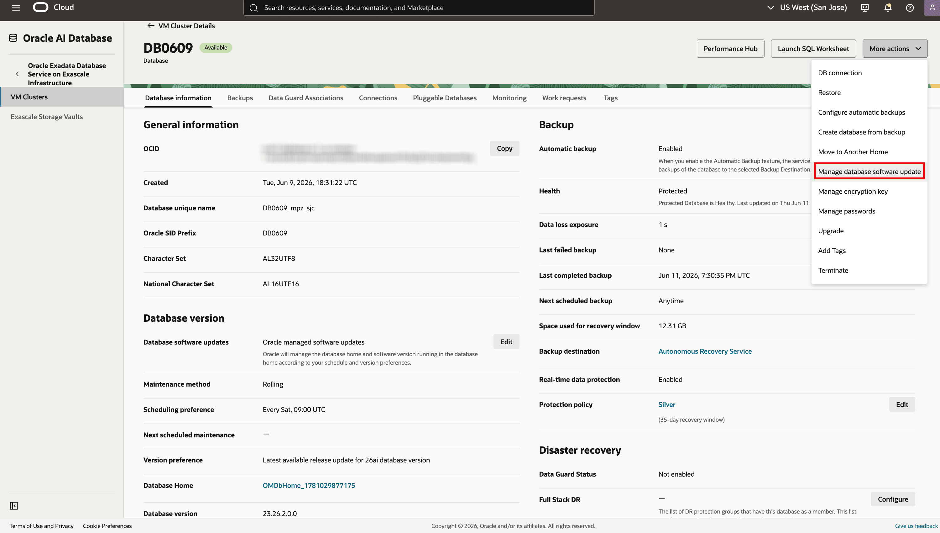 DB0609 More actions Manage database software update