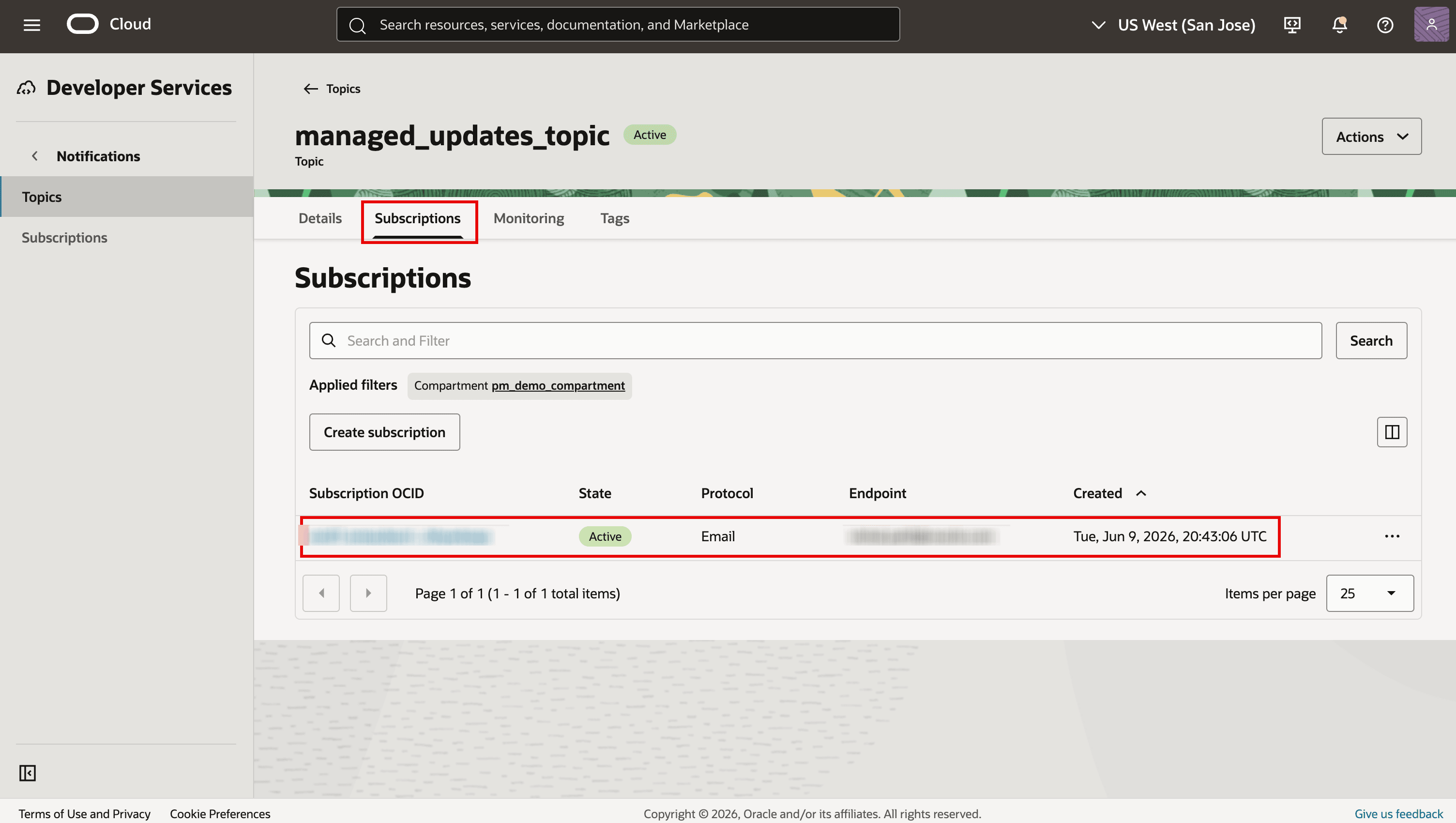 Notifications topic subscription