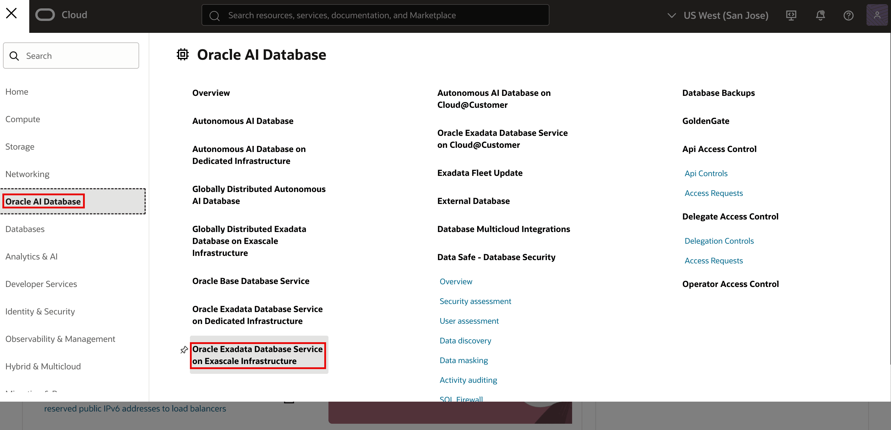 Oracle AI Database navigation menu