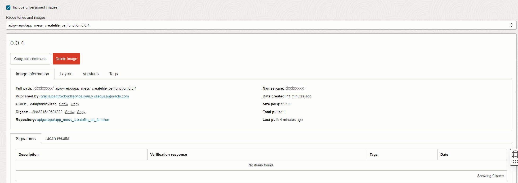 Check in OCI Console image pushed in Oracle Cloud Infrastructure Container Registry