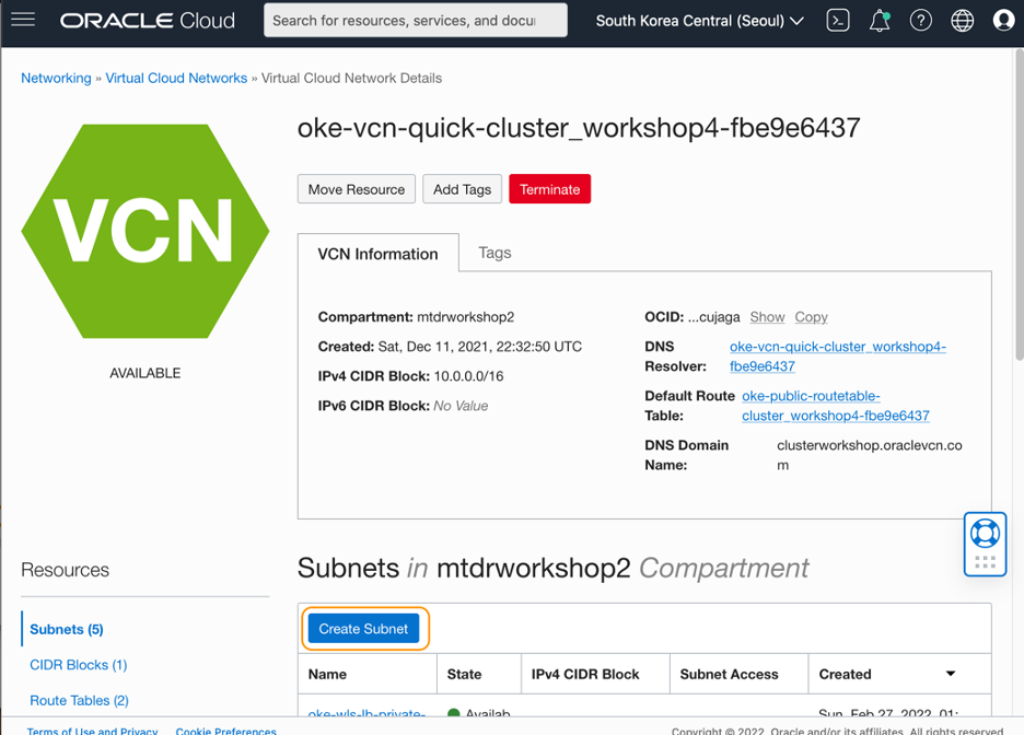 Oracle Cloud console, VCN