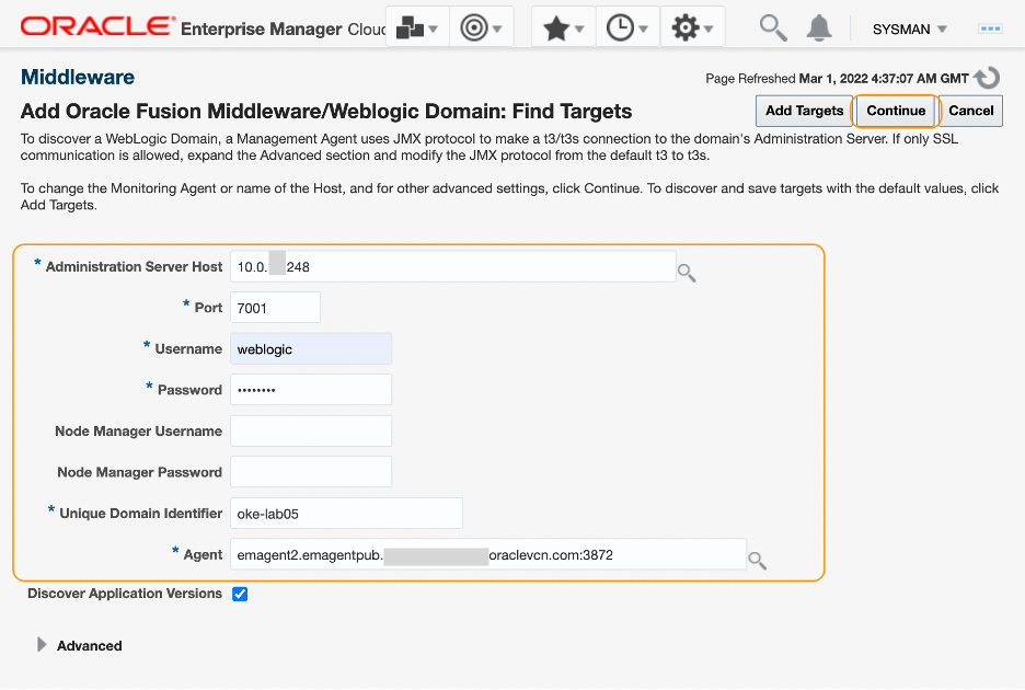 EM Console, Add FMW domain wizard