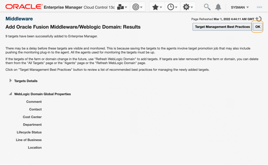 EM Console, Add FMW domain wizard, Results