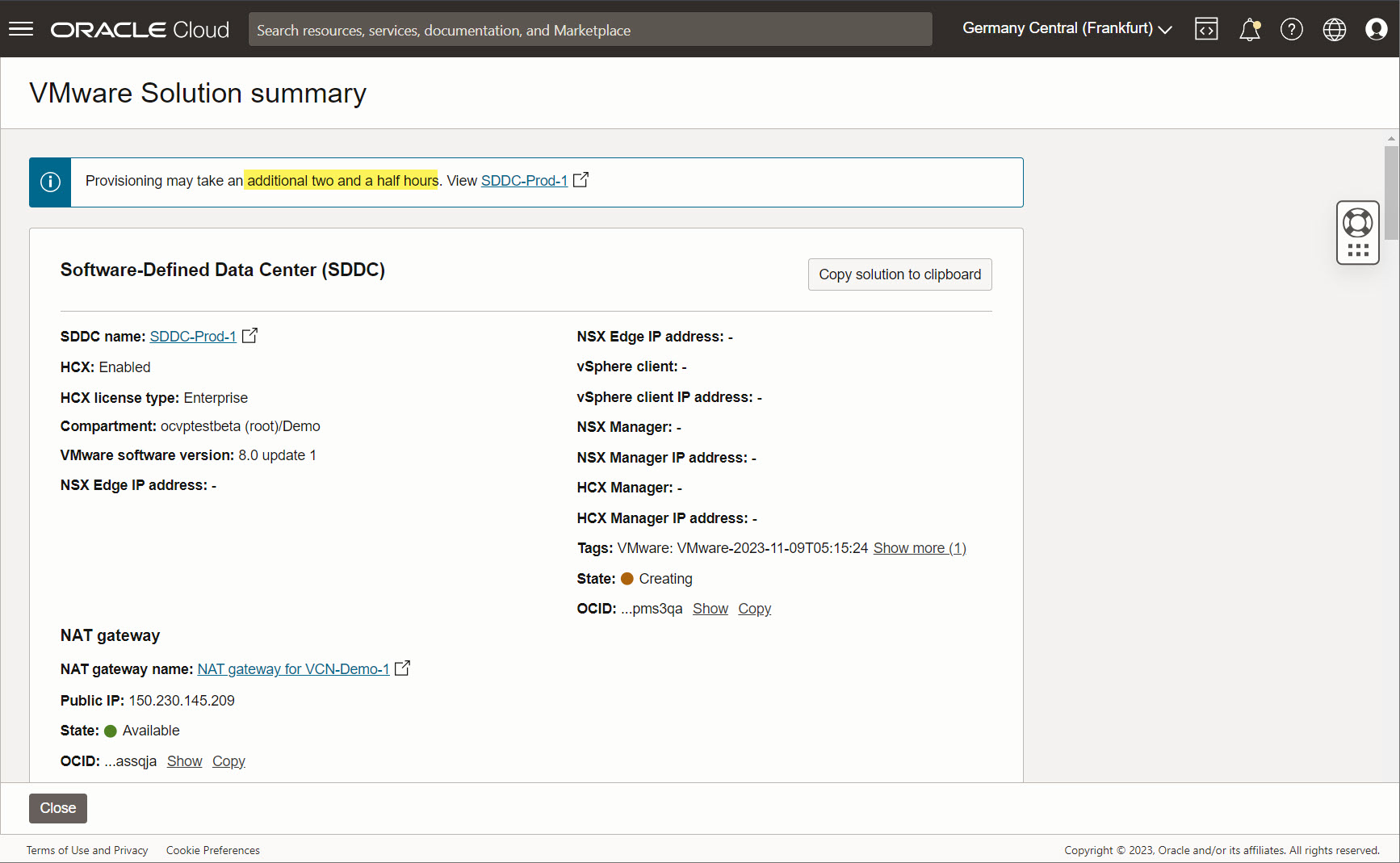 VMware Solution summary page