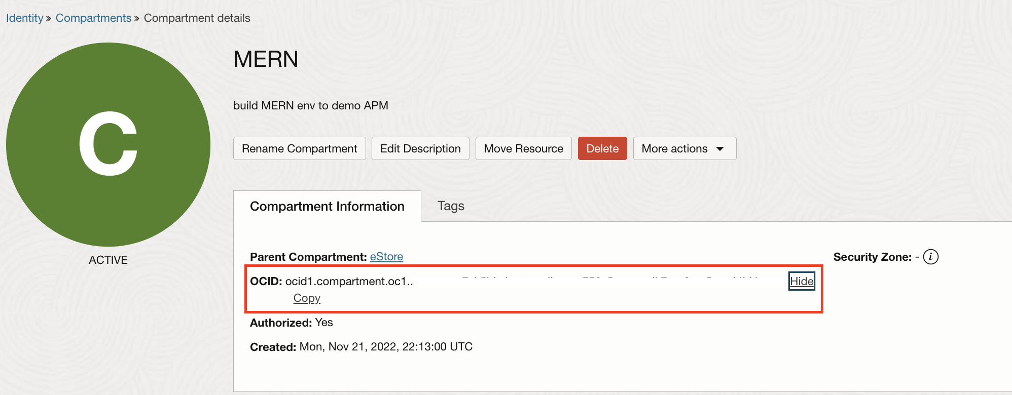 Image highlighting a compartment OCID in OCI.