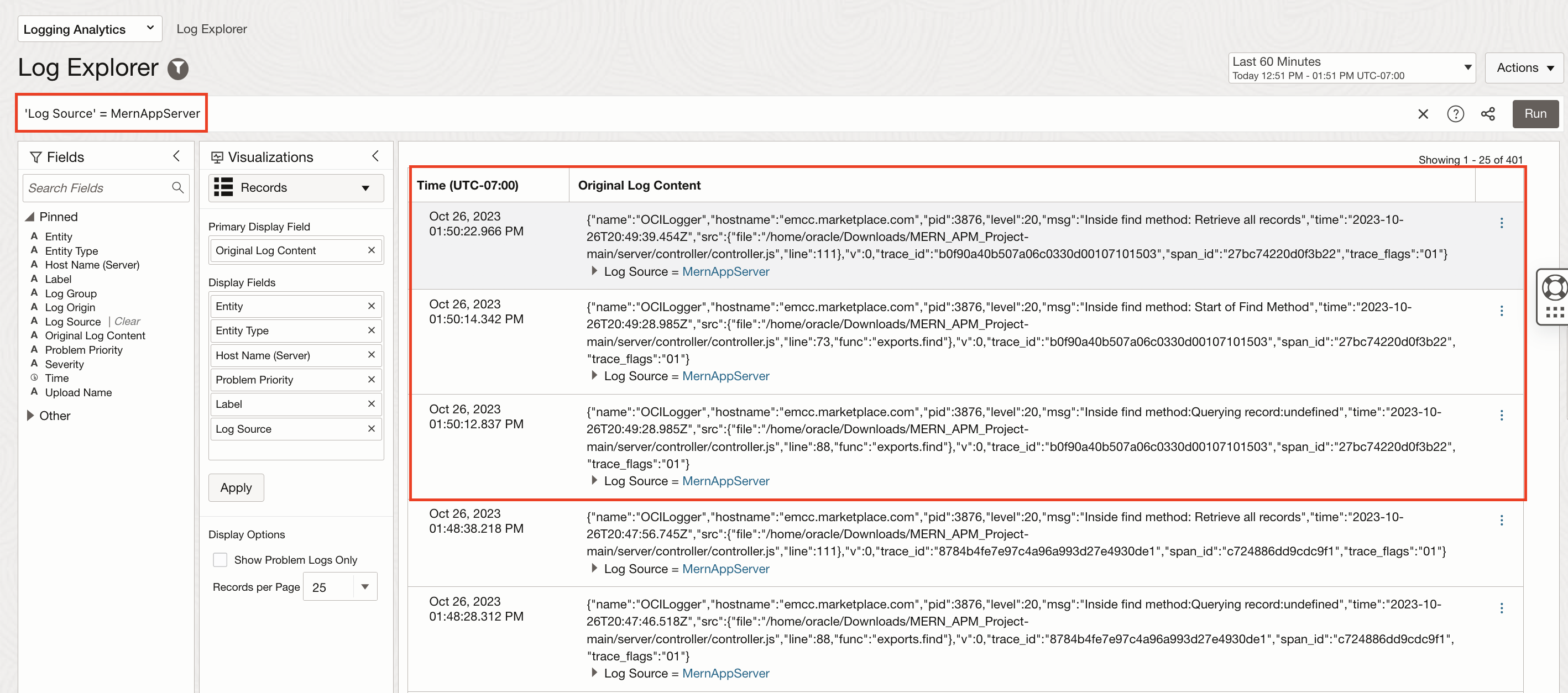 Log Explorer view in OCI Logging Analytics.