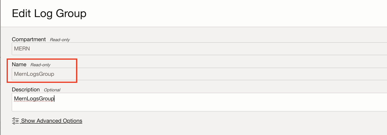 Image of a log group's details in OCI.