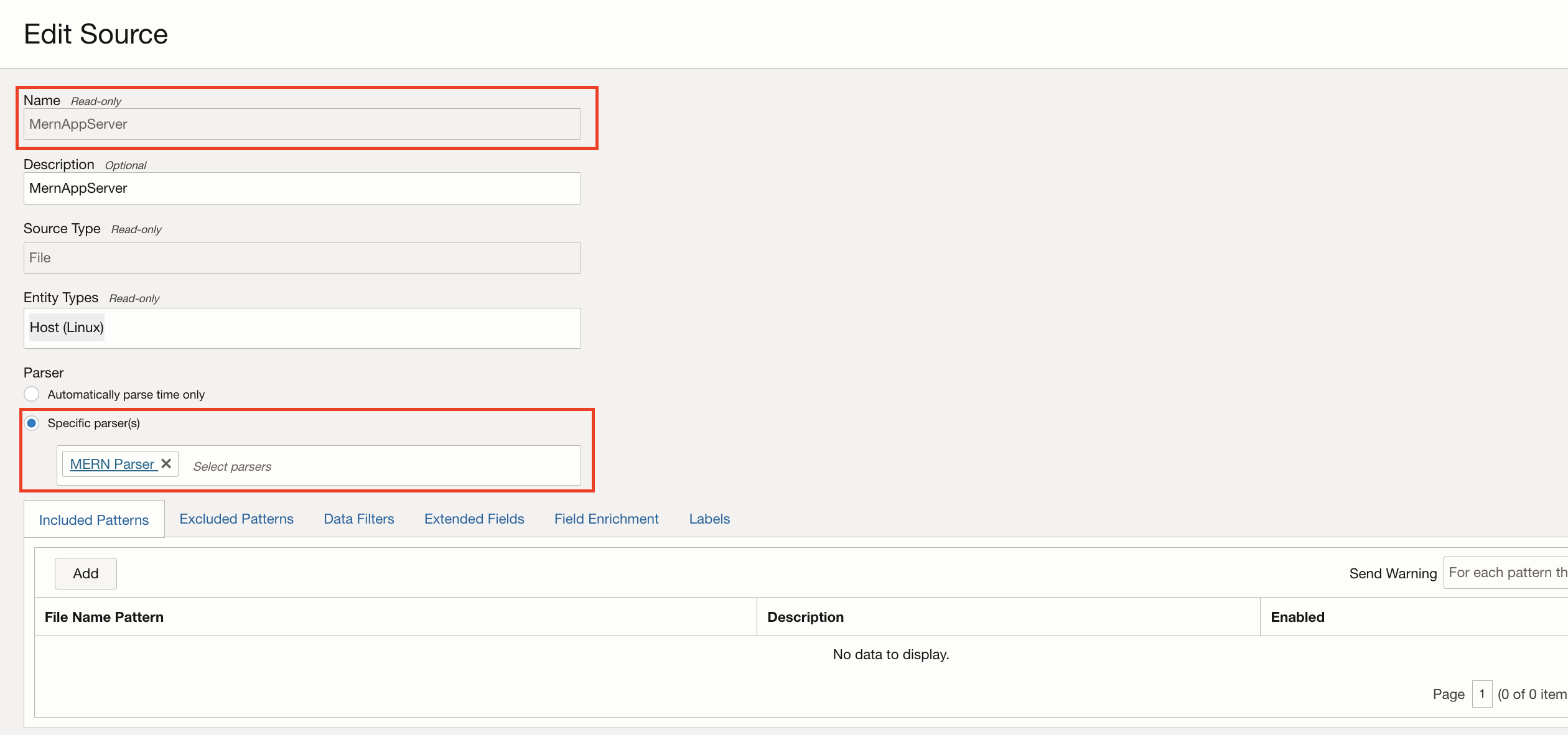 Image of a log source details in OCI.